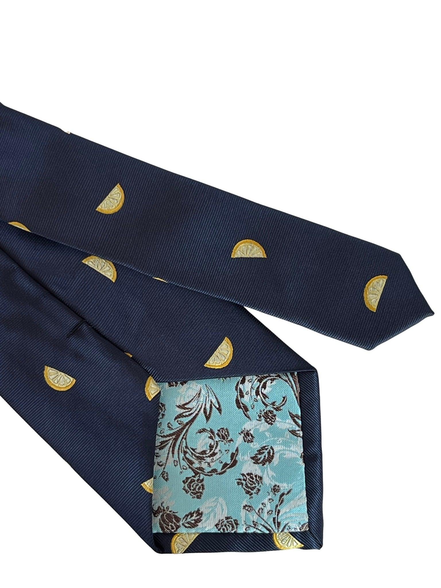 navy blue tie with yellow lemon slice fruit design - Image 4