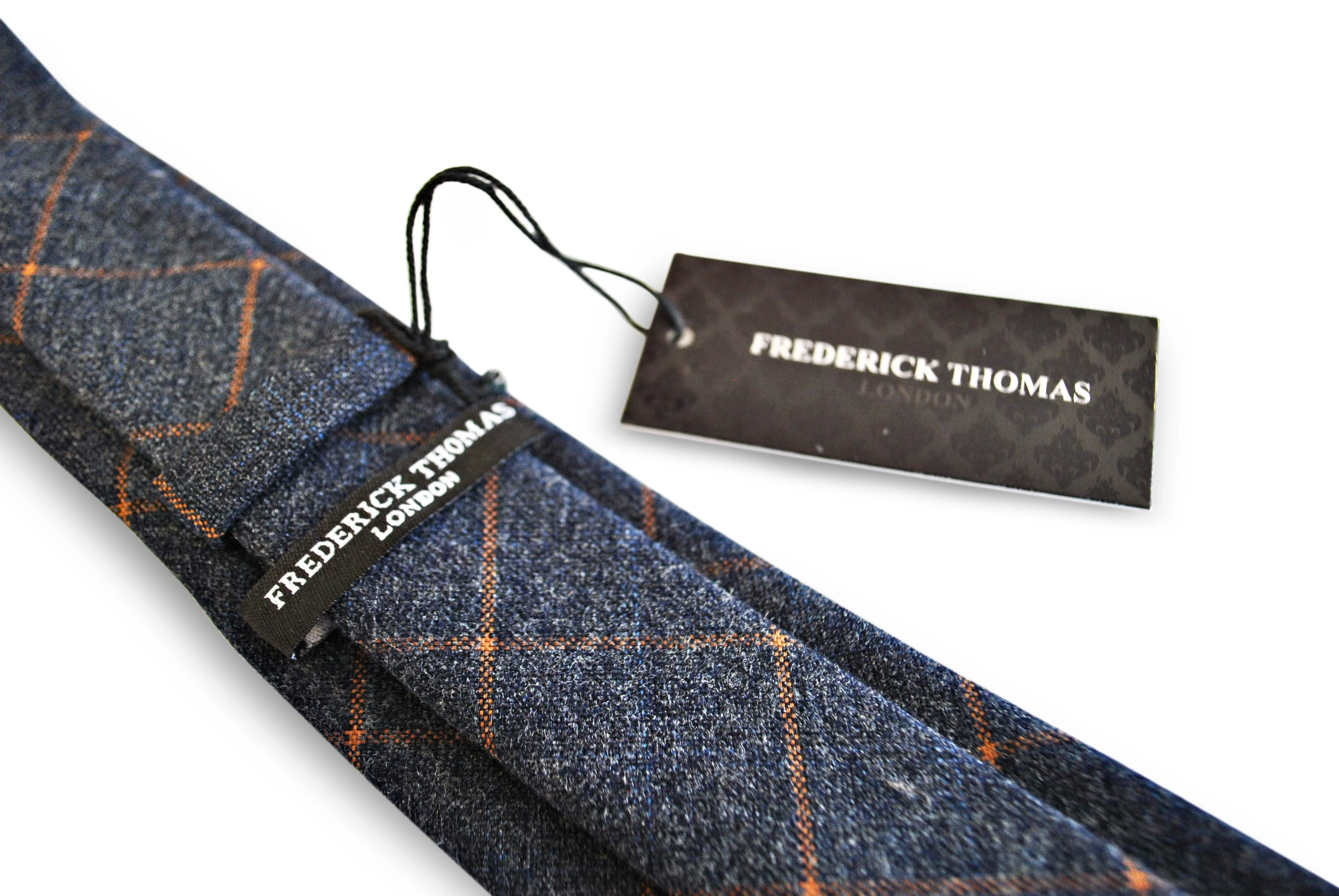 navy tweed/wool slim tie with orange check - Image 3