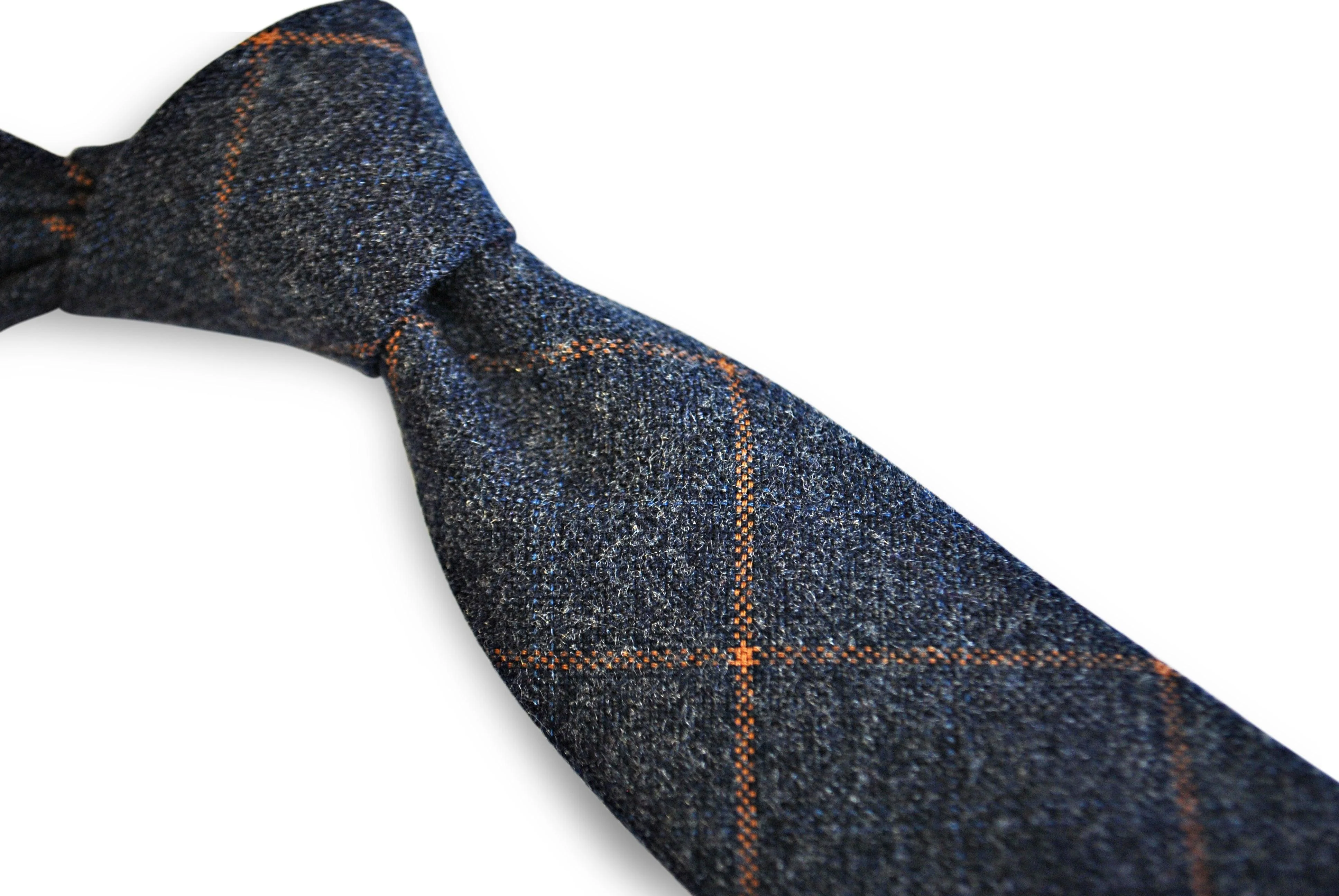 navy tweed/wool slim tie with orange check - Image 4