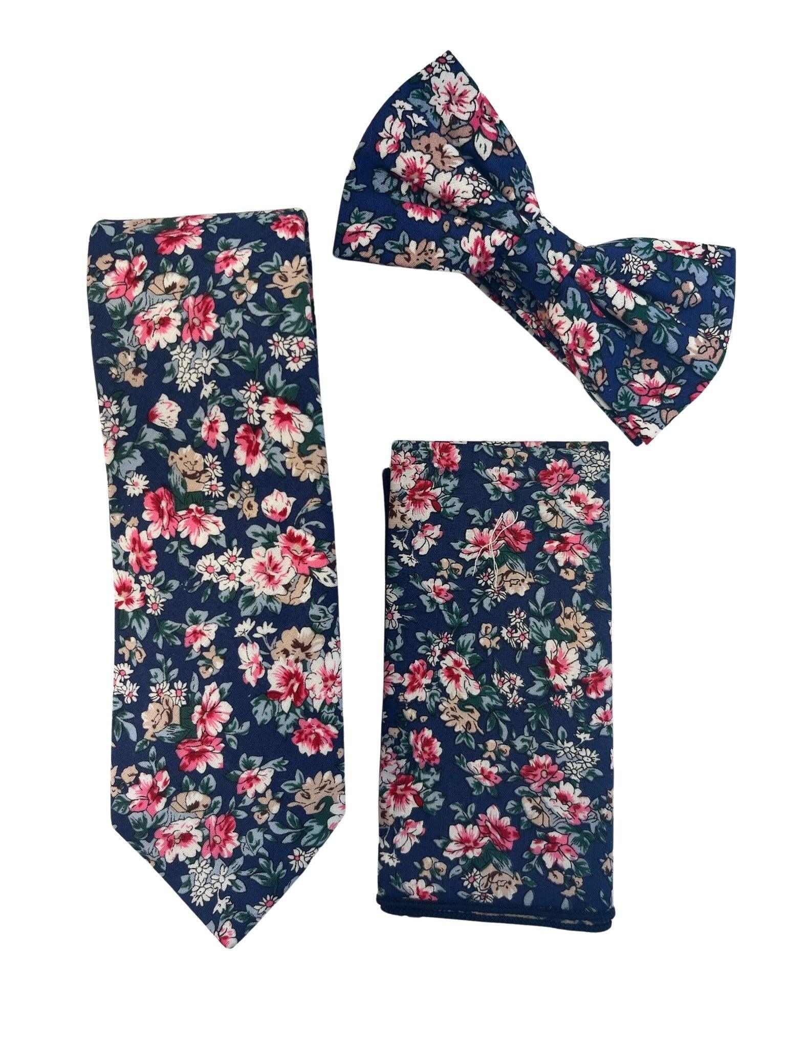 Navy with English wildflower garden, rose, daisy, flower, floral design cotton  pocket square - Image 2