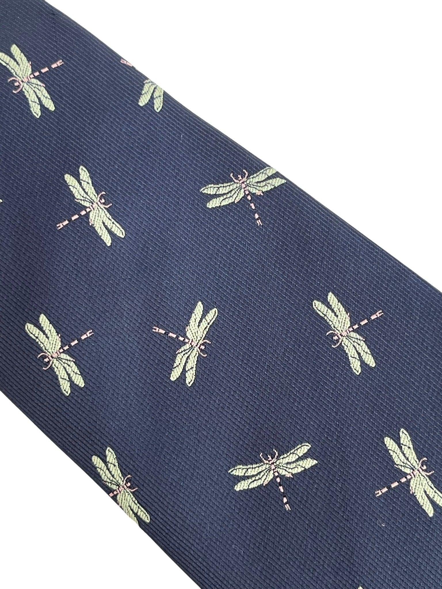 navy dark blue tie with embroidered dragonfly design - Image 2