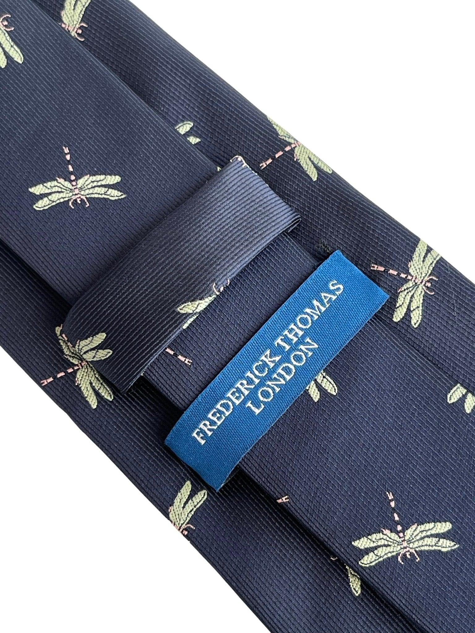 navy dark blue tie with embroidered dragonfly design - Image 3