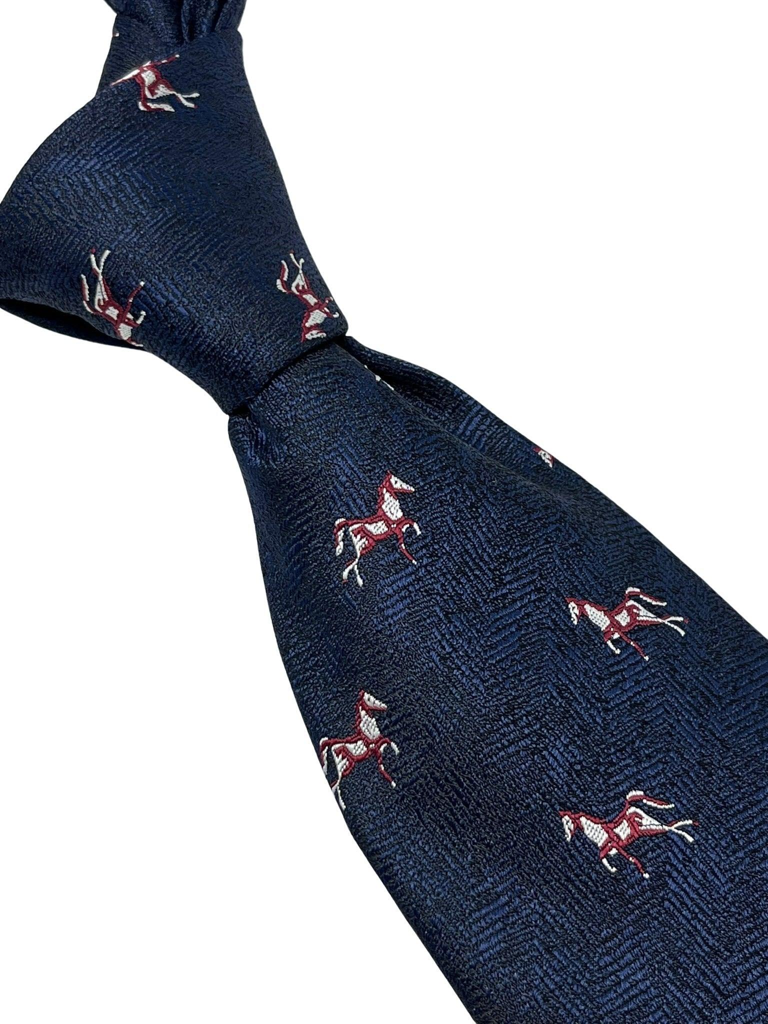navy dark blue herringbone mens tie with thoroughbred horse design - Image 5