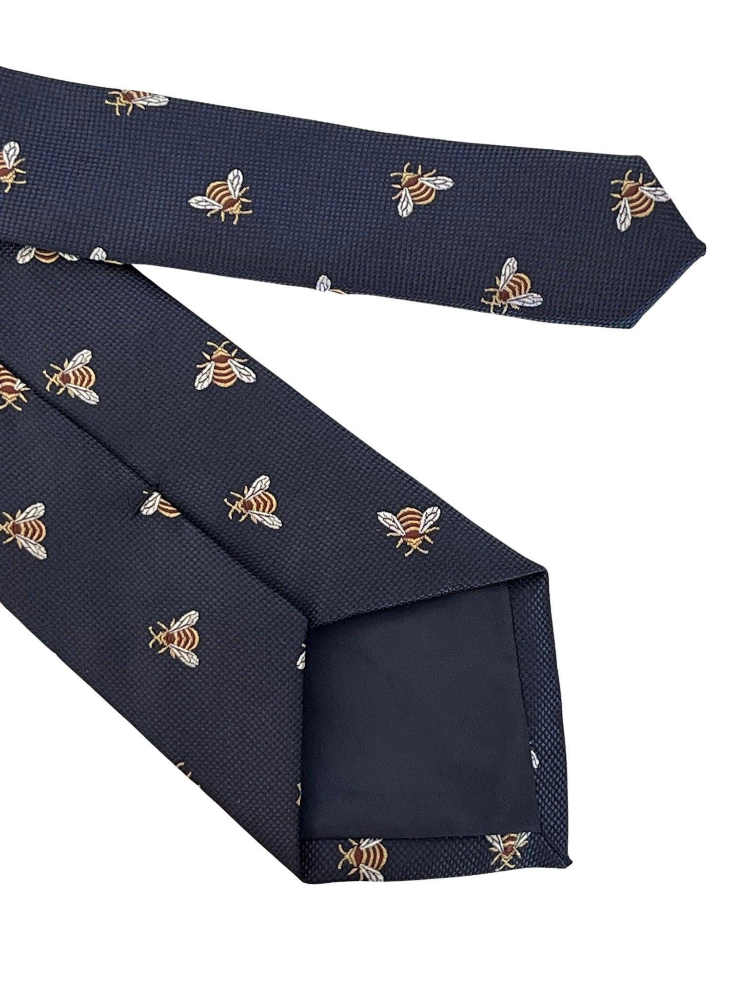 navy dark blue mens tie with honey bumble-bee design - Image 4