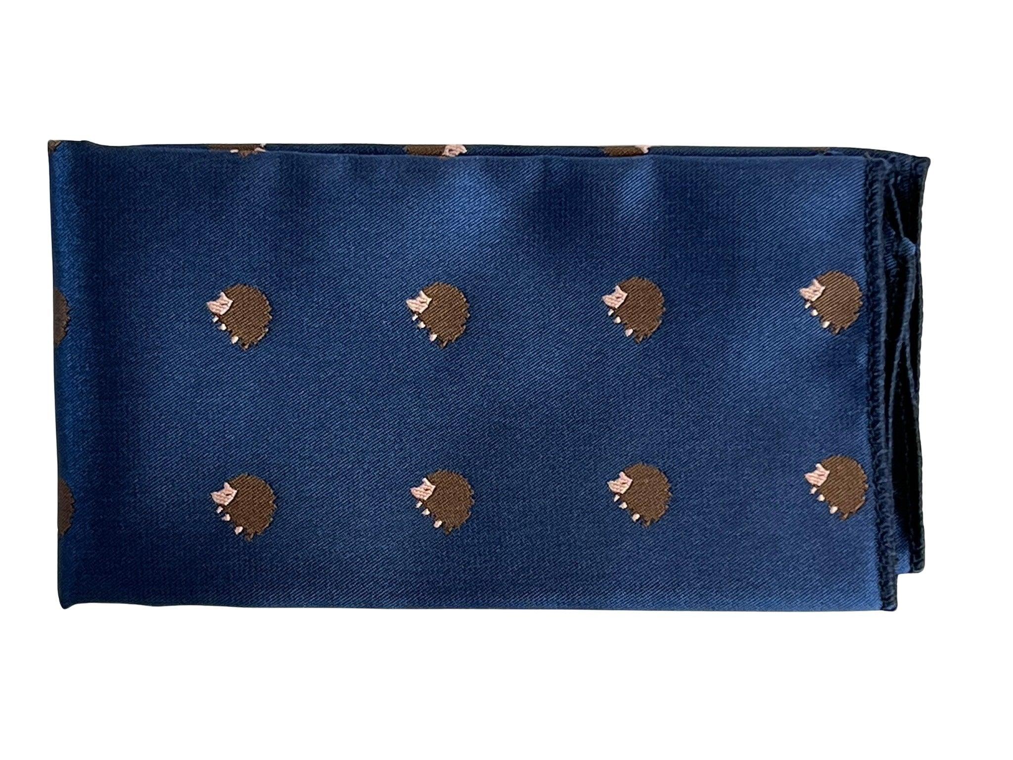 navy dark blue pocket square with embroidered hedgehog design - Image 2