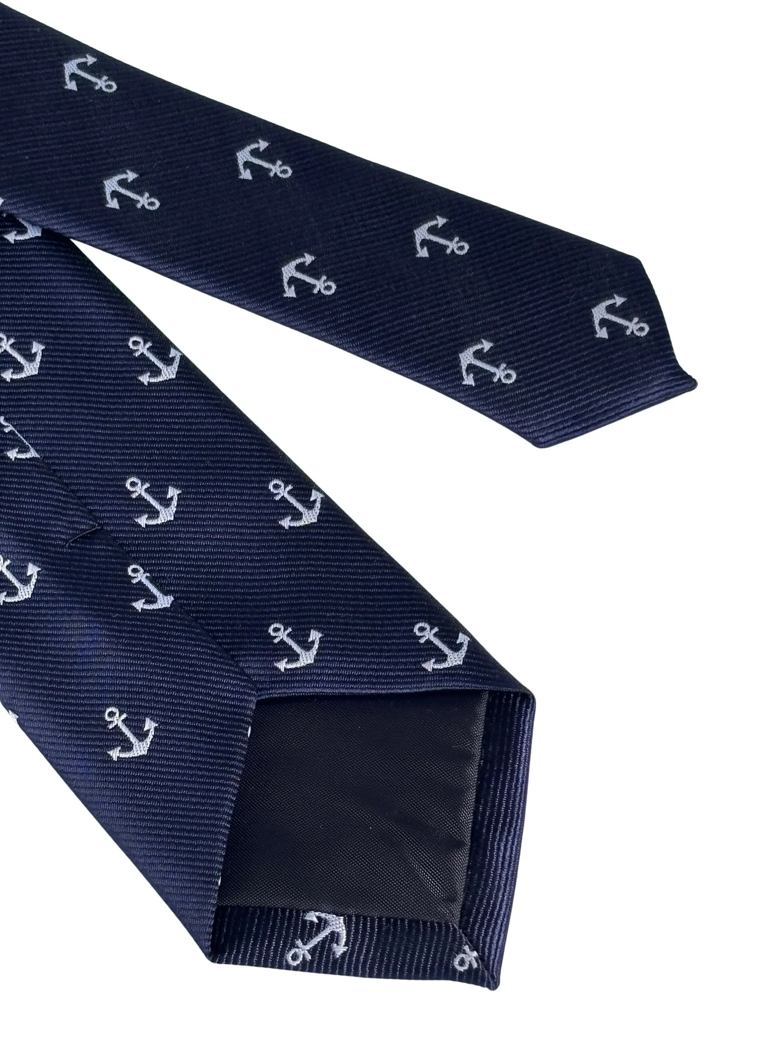 navy dark blue tie with a nautical white anchor design - Image 5