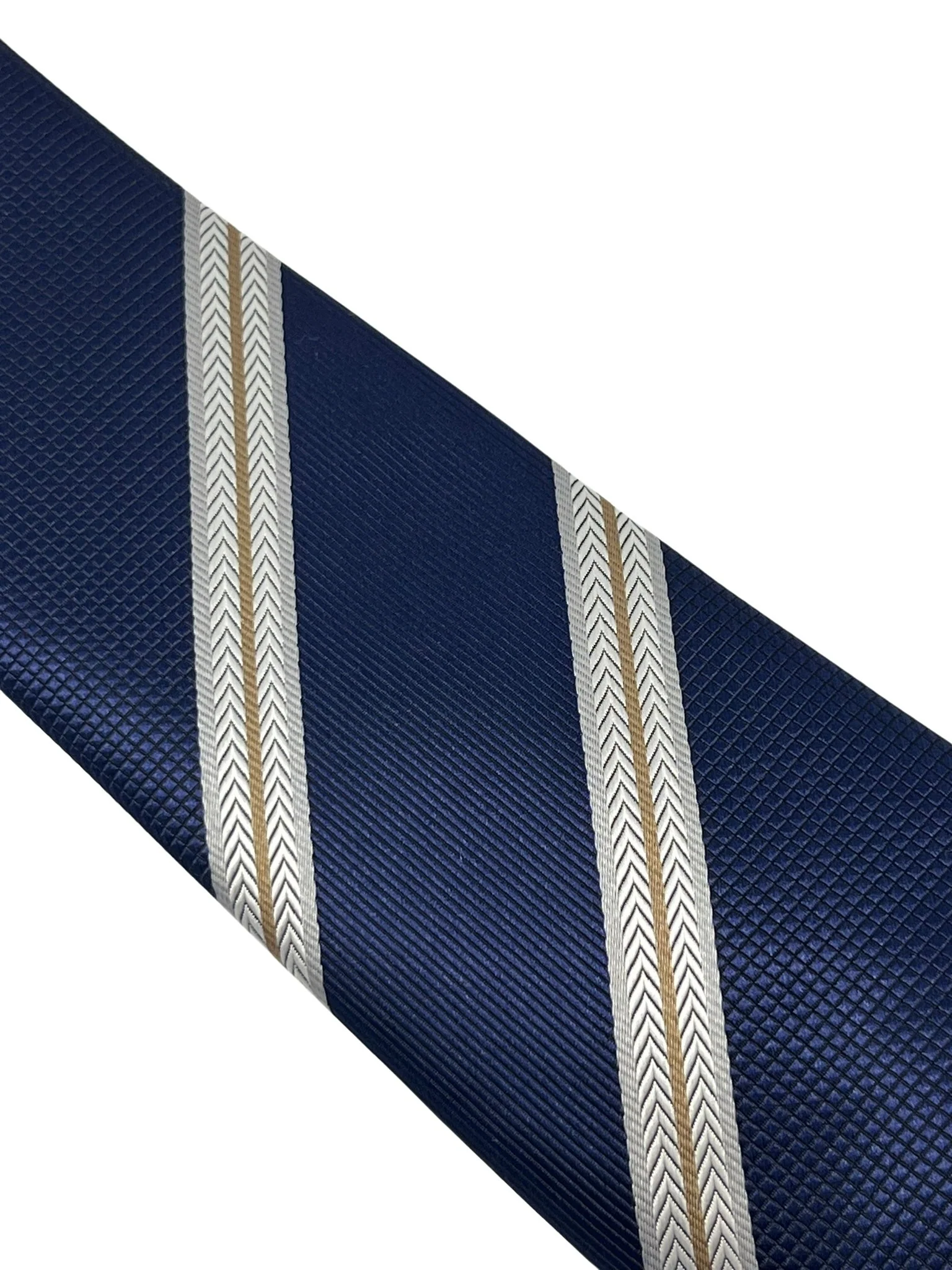 Navy dark blue tie with  bronze and white stripe - Image 3
