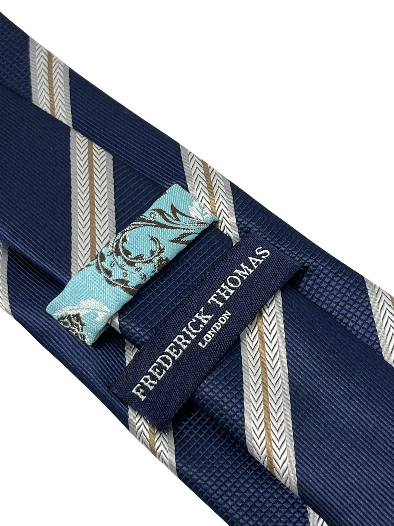 Navy dark blue tie with  bronze and white stripe - Image 4