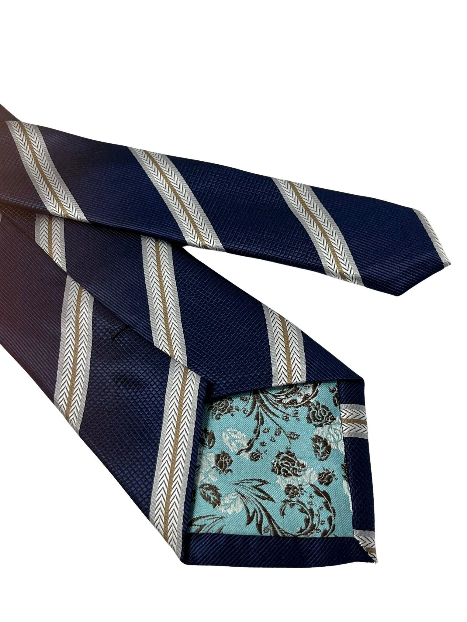 Navy dark blue tie with  bronze and white stripe - Image 5