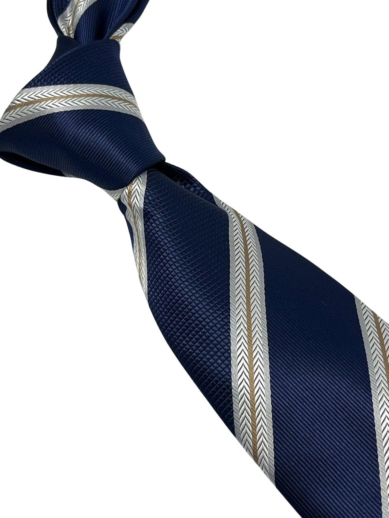Navy dark blue tie with  bronze and white stripe - Image 6