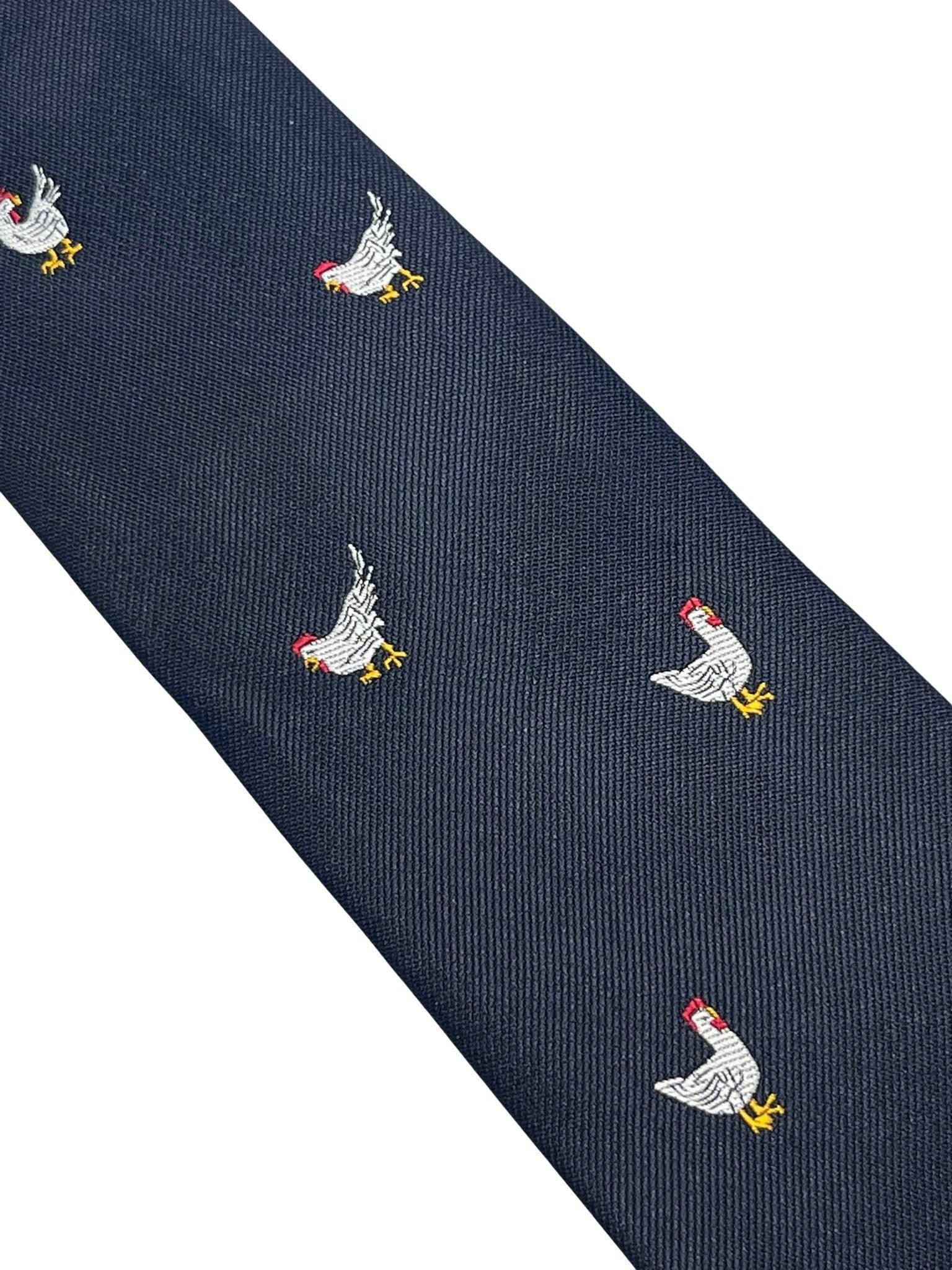 Navy dark blue  tie with embroidered chicken design - Image 3