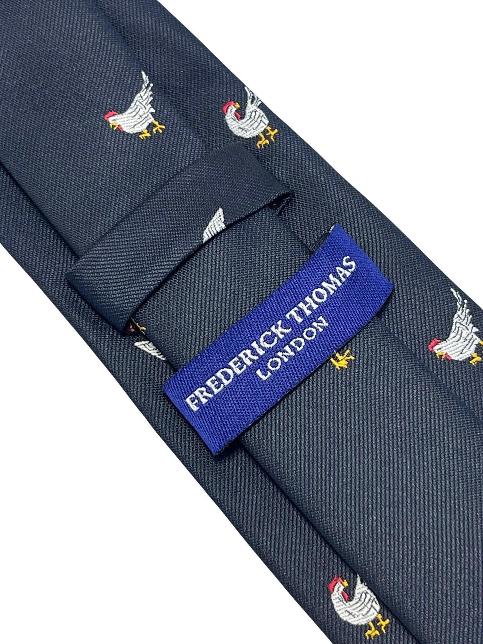 Navy dark blue  tie with embroidered chicken design - Image 4