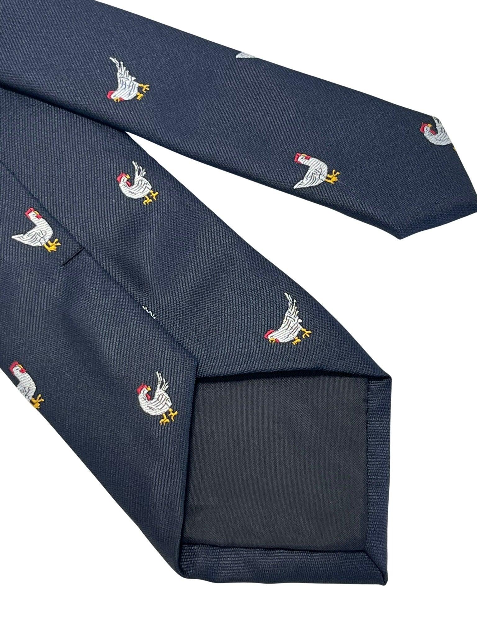 Navy dark blue  tie with embroidered chicken design - Image 5