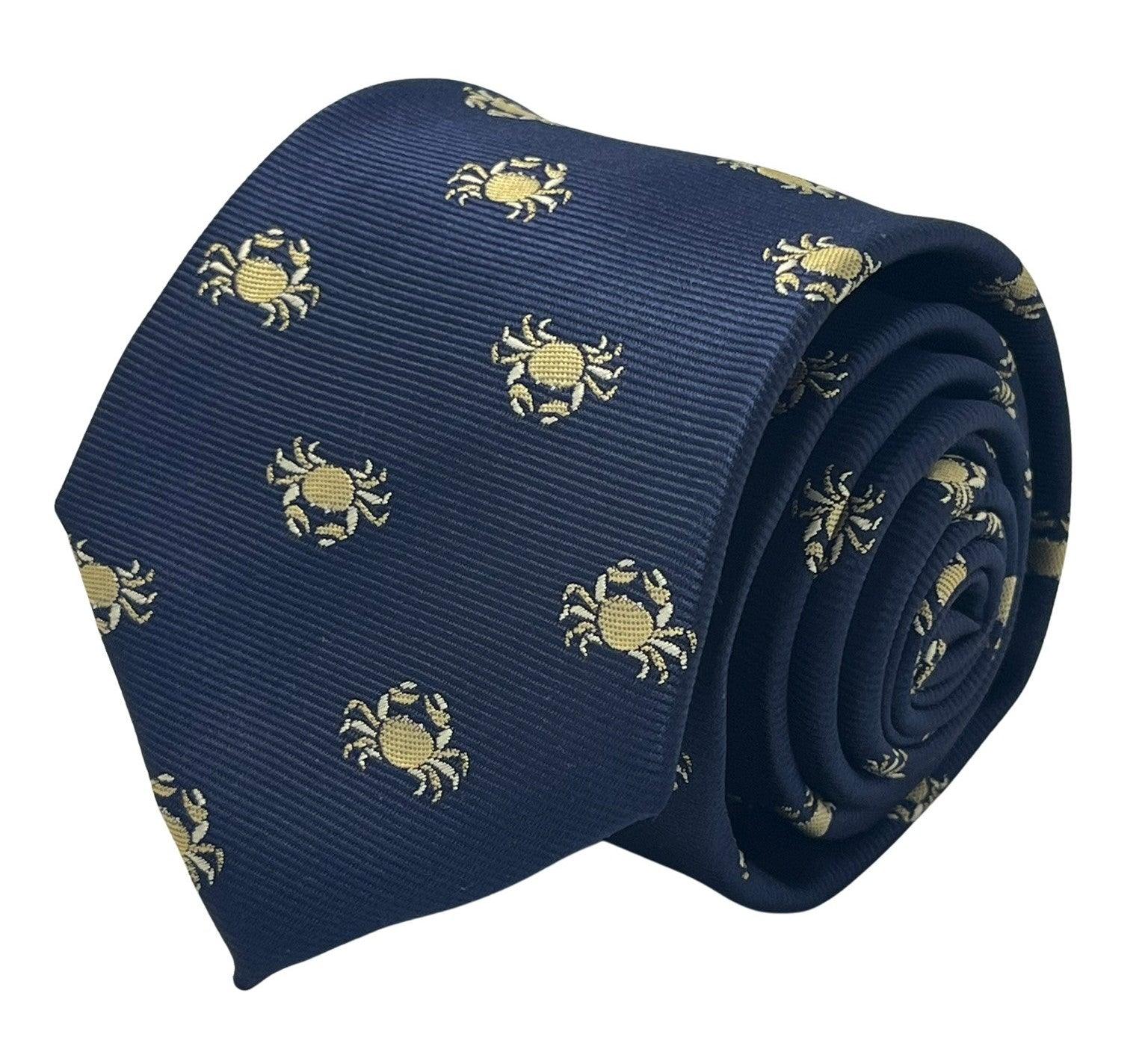 Navy dark blue  tie with embroidered Alaskan golden king crab nautical sea design - Image 2