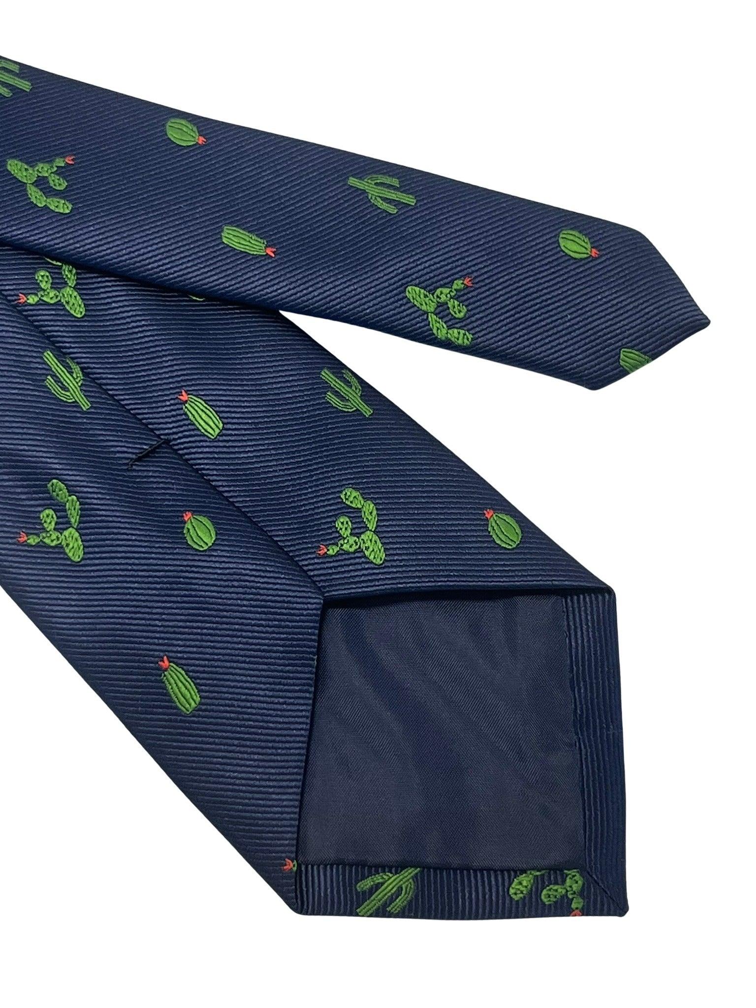 Navy dark blue tie with embroidered cactus design - Image 5