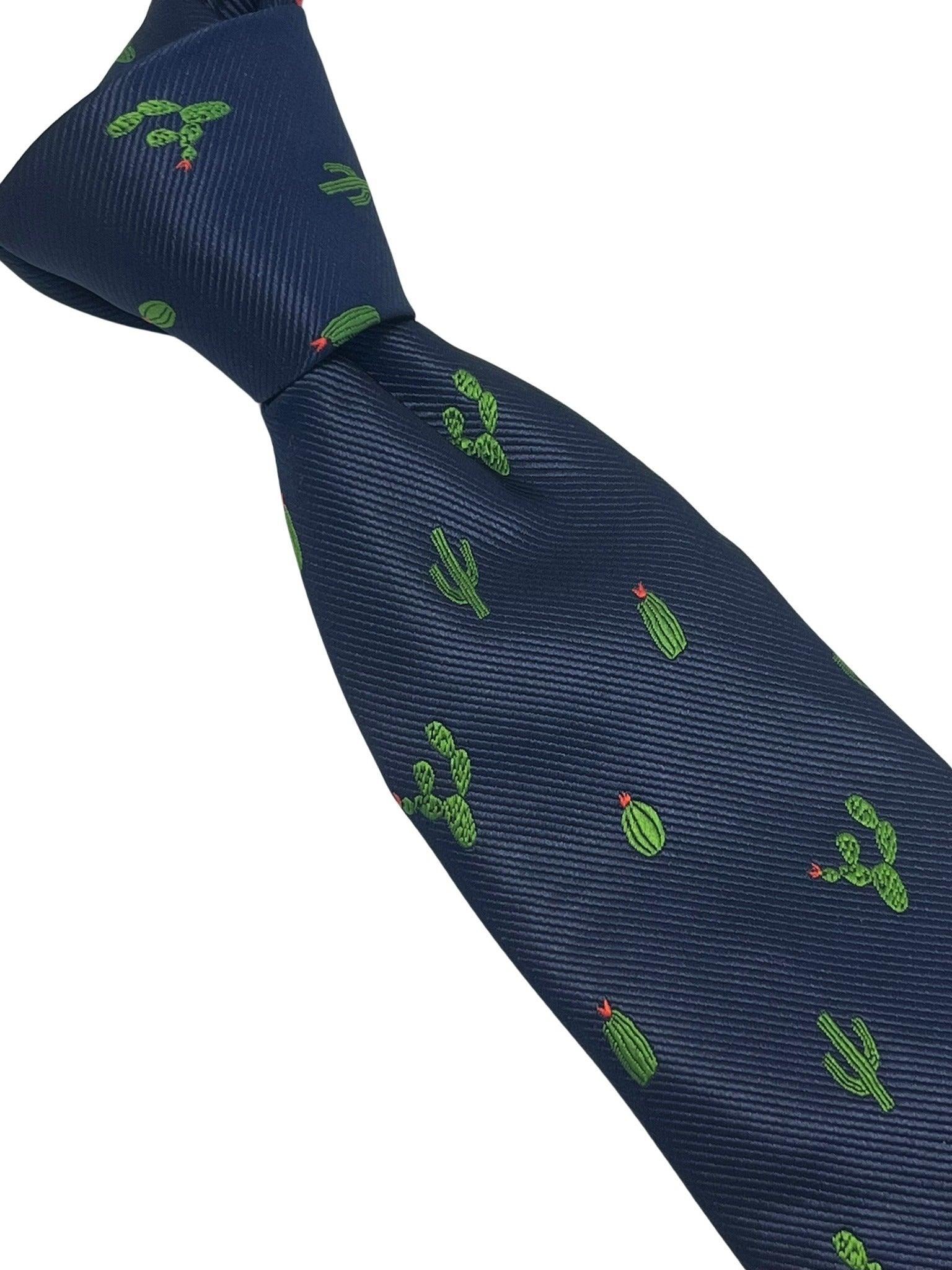 Navy dark blue tie with embroidered cactus design - Image 6