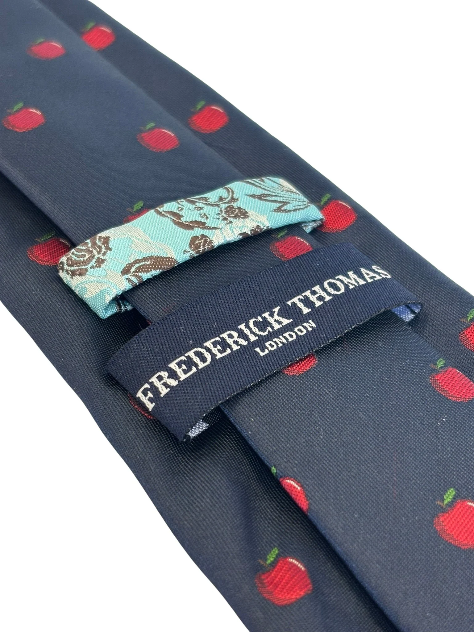 navy dark blue tie with embroidered red apple design - Image 3