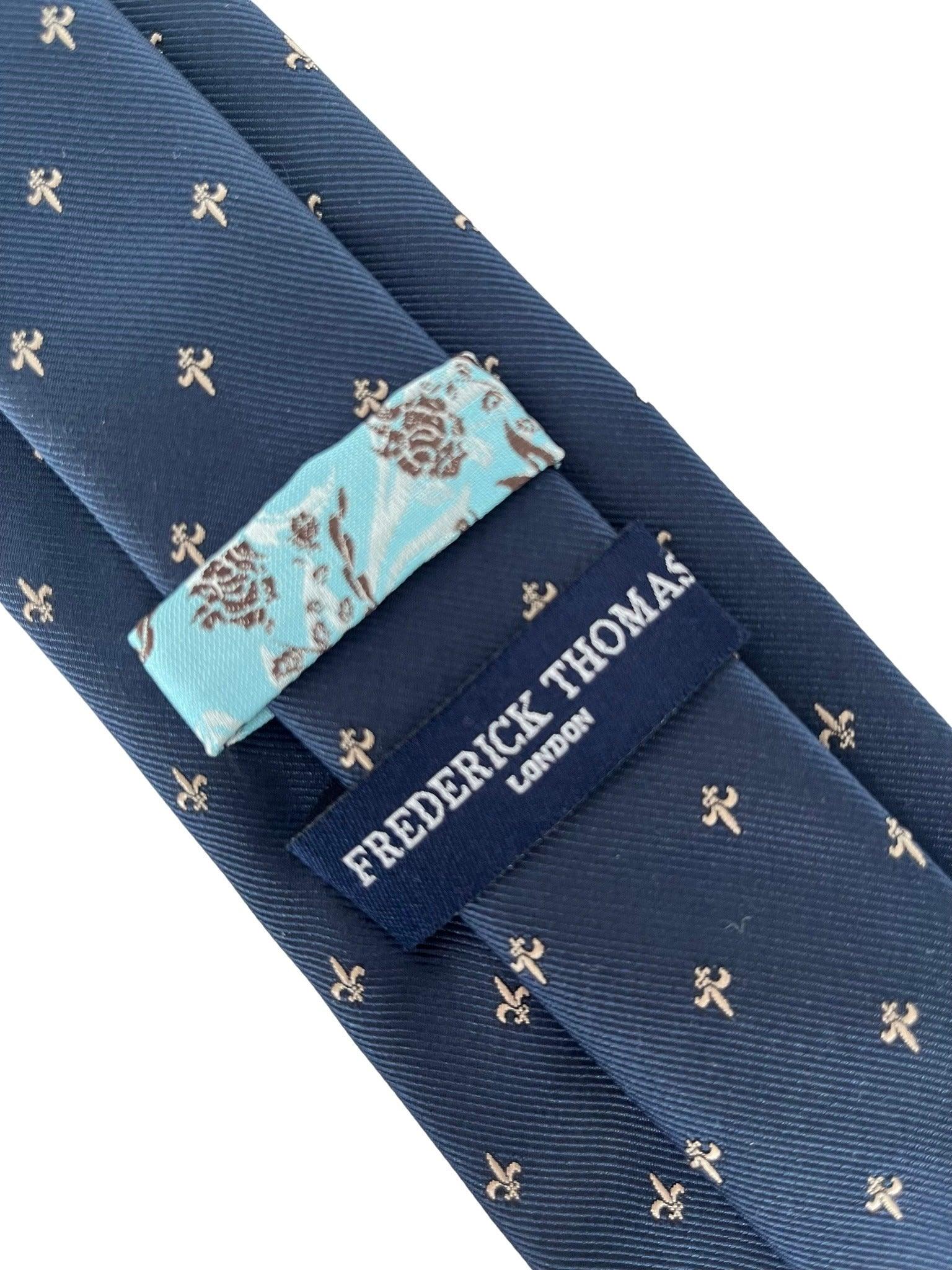 navy dark blue tie with gold fleur de lys (lis) design - Image 3