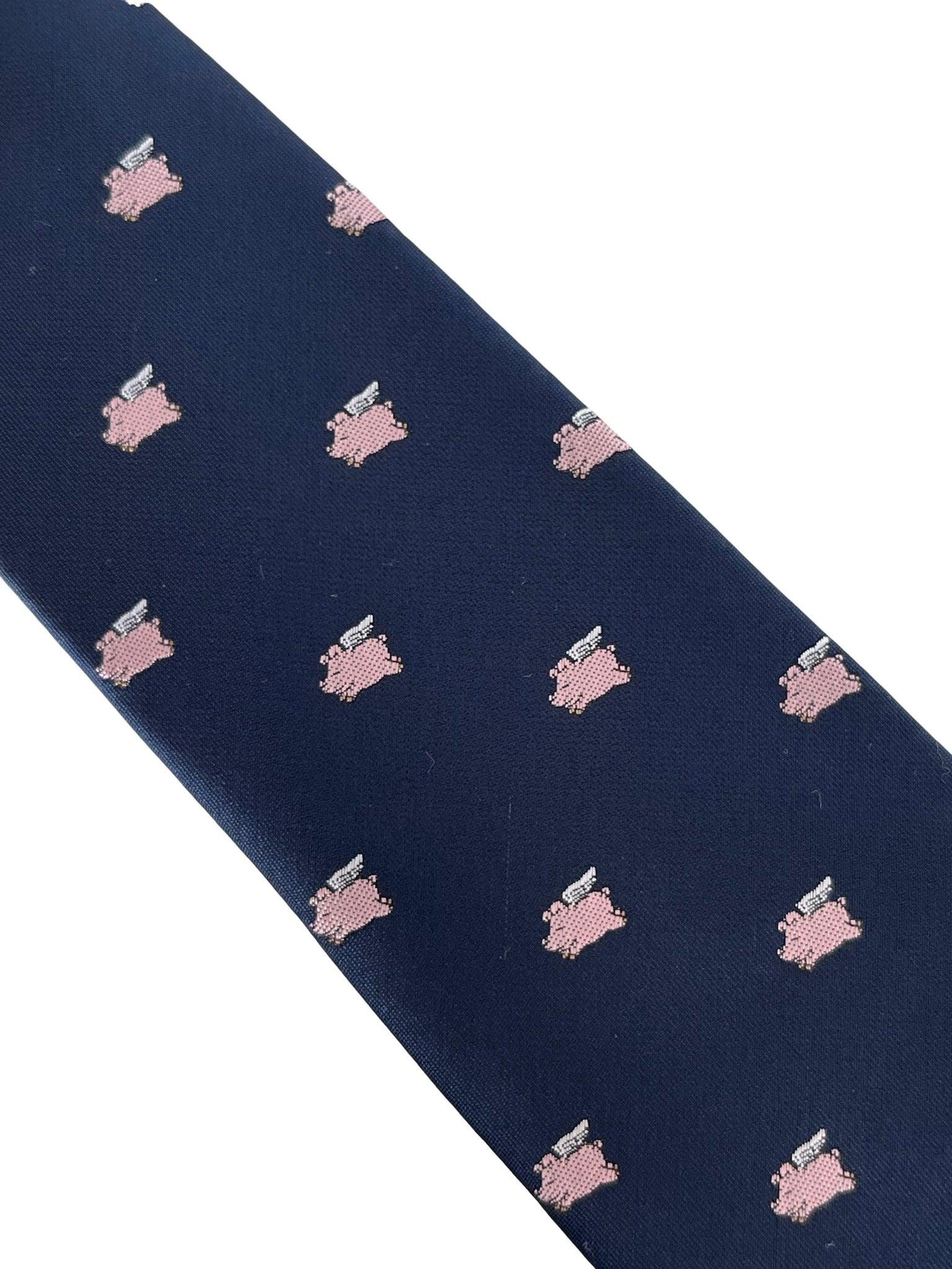 navy dark blue tie with pink pigs might fly-ing design - Image 2