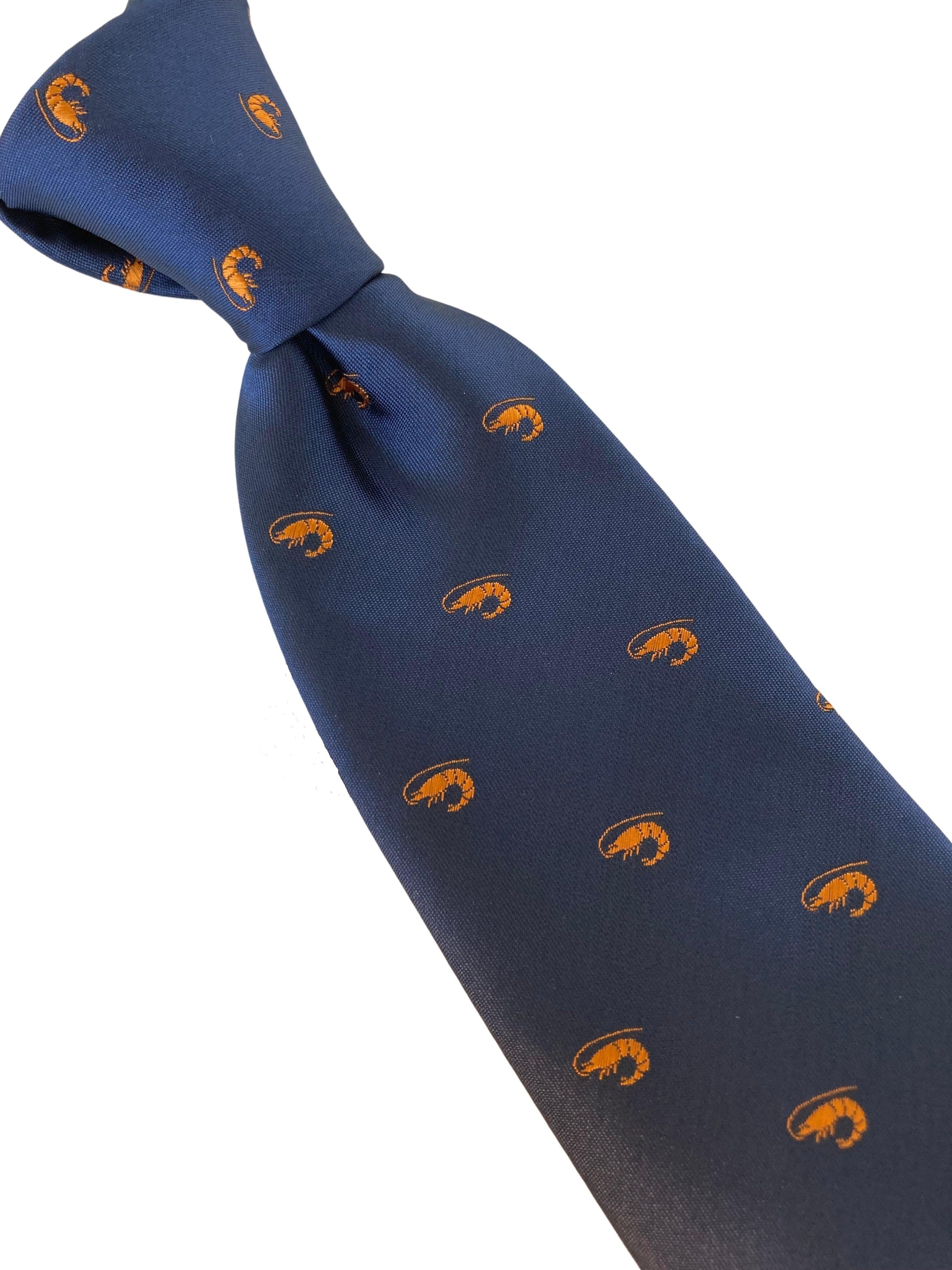 navy mens tie with prawn shellfish quirky design - Image 5