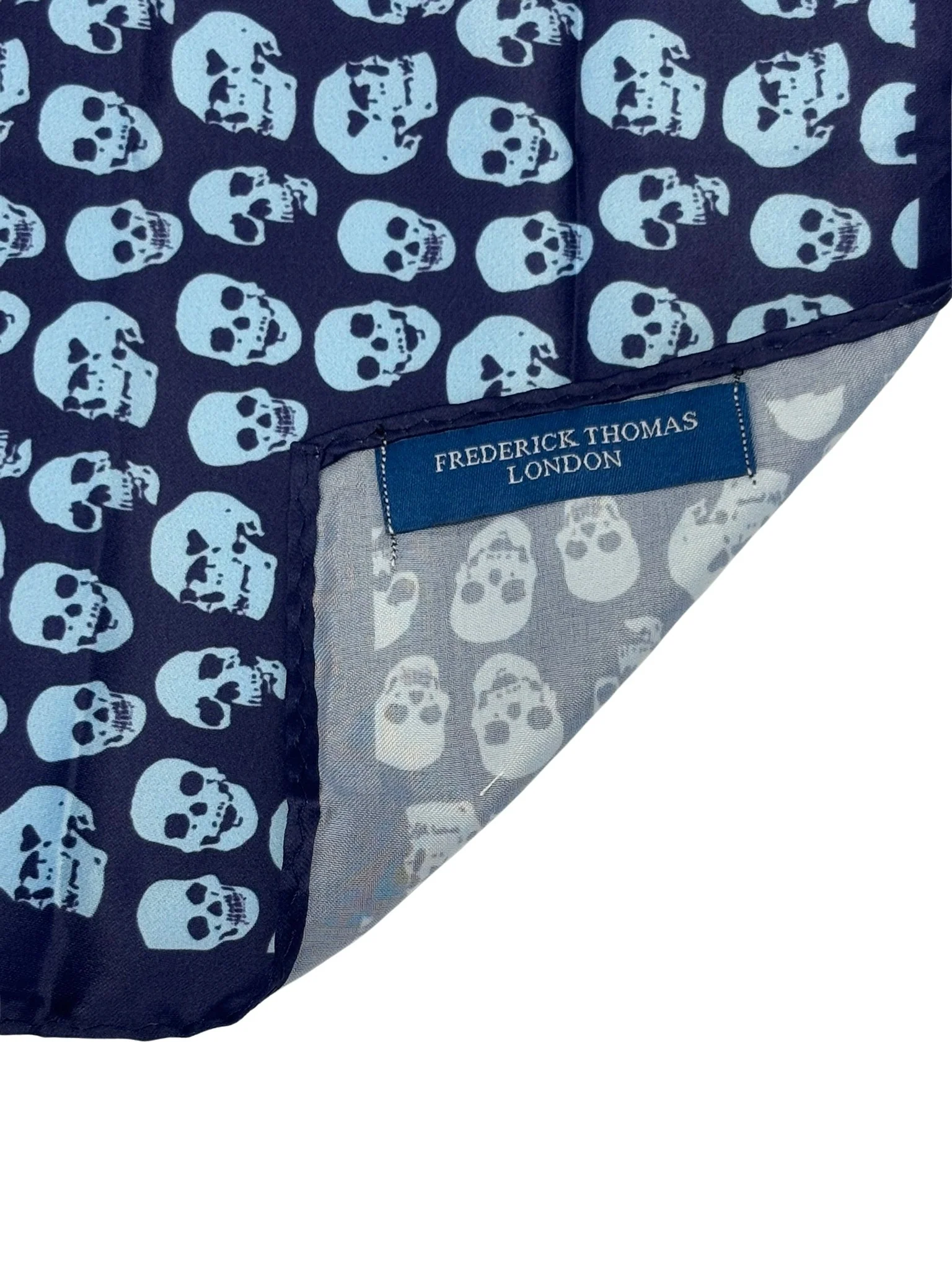 navy  pocket square with light blue skulls design - Image 2