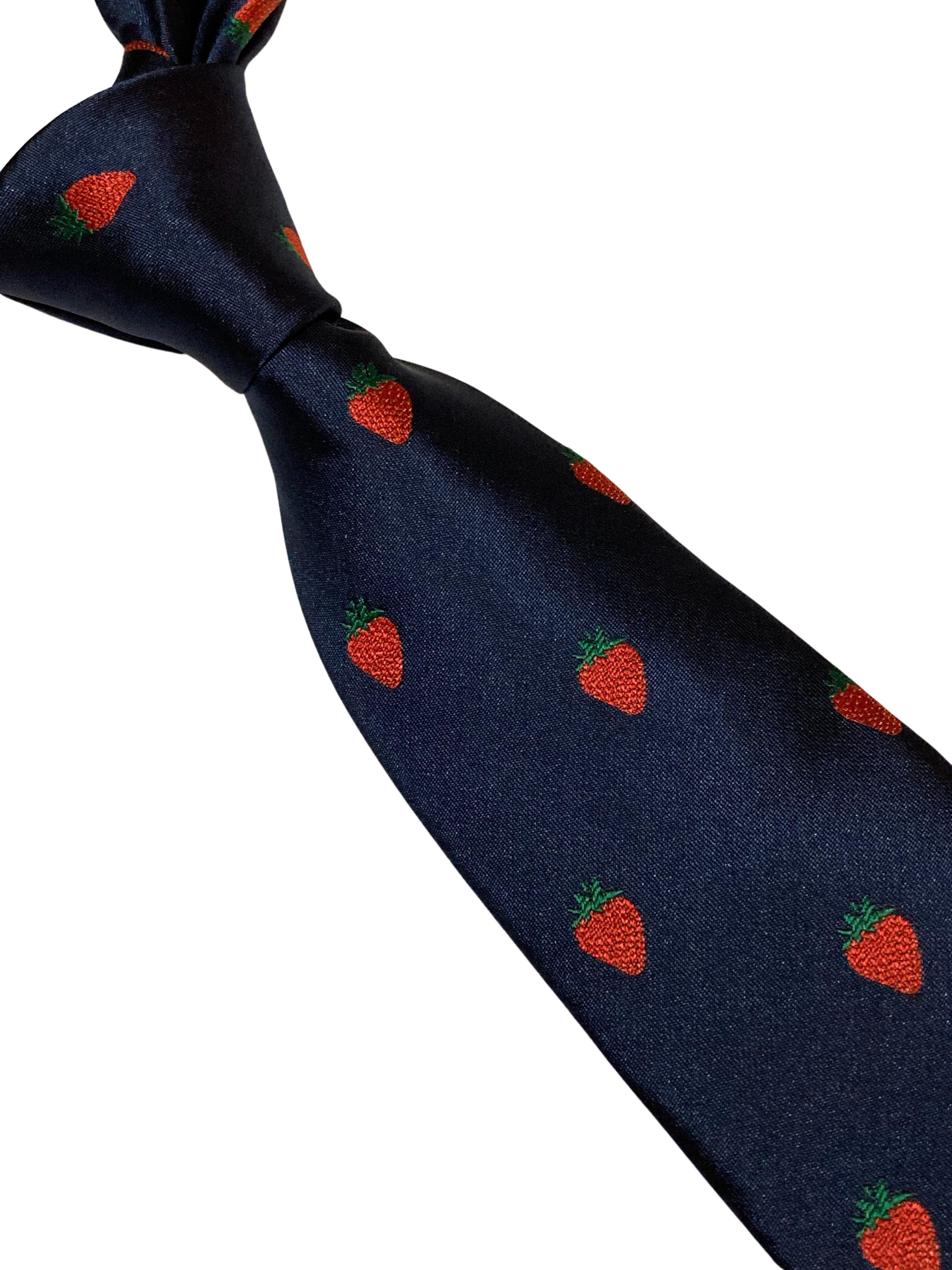 navy tie with British strawberry embroidered design - Image 4