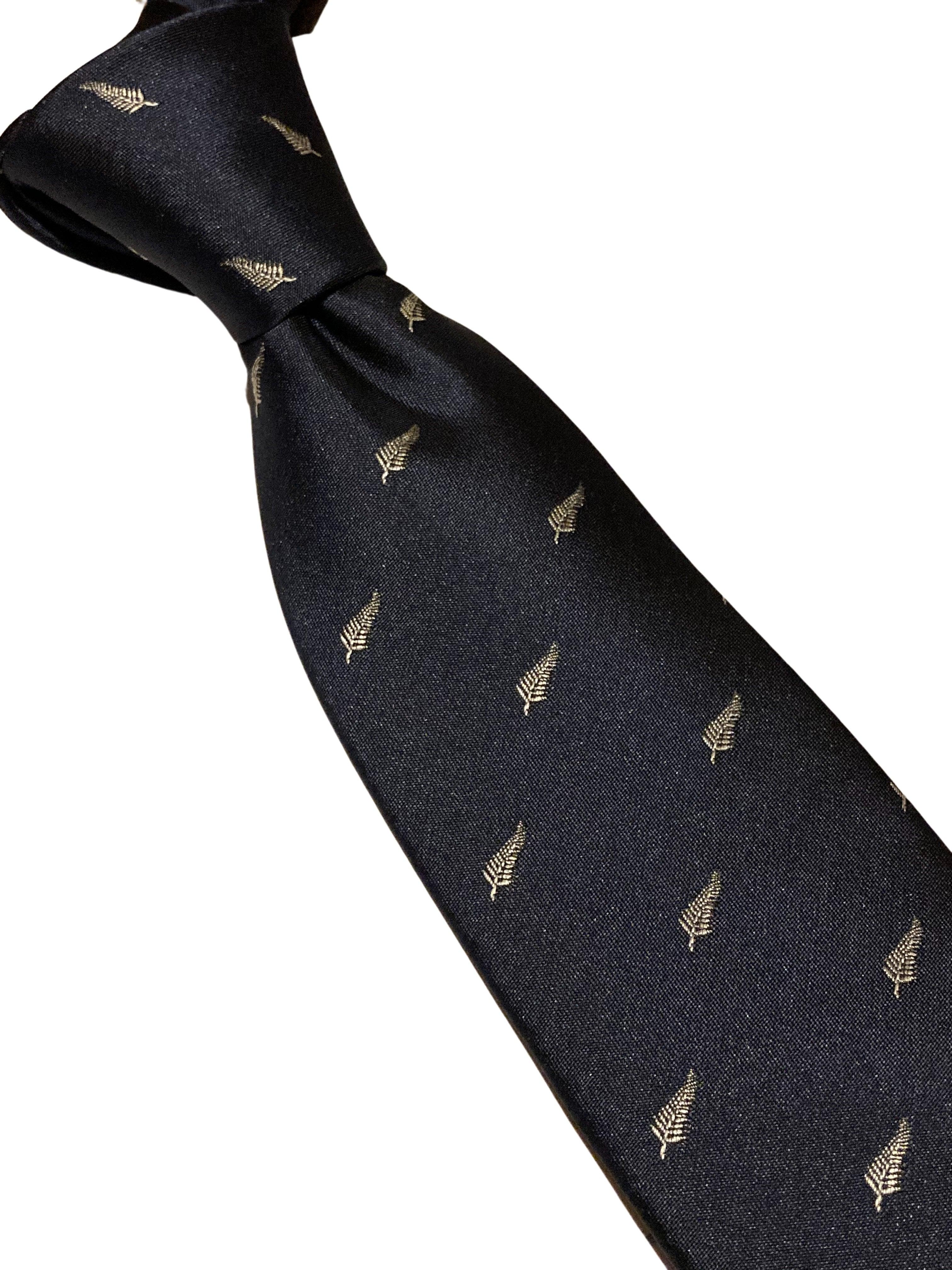 navy tie with embroidered  New Zealand feather silver fern design - Image 5