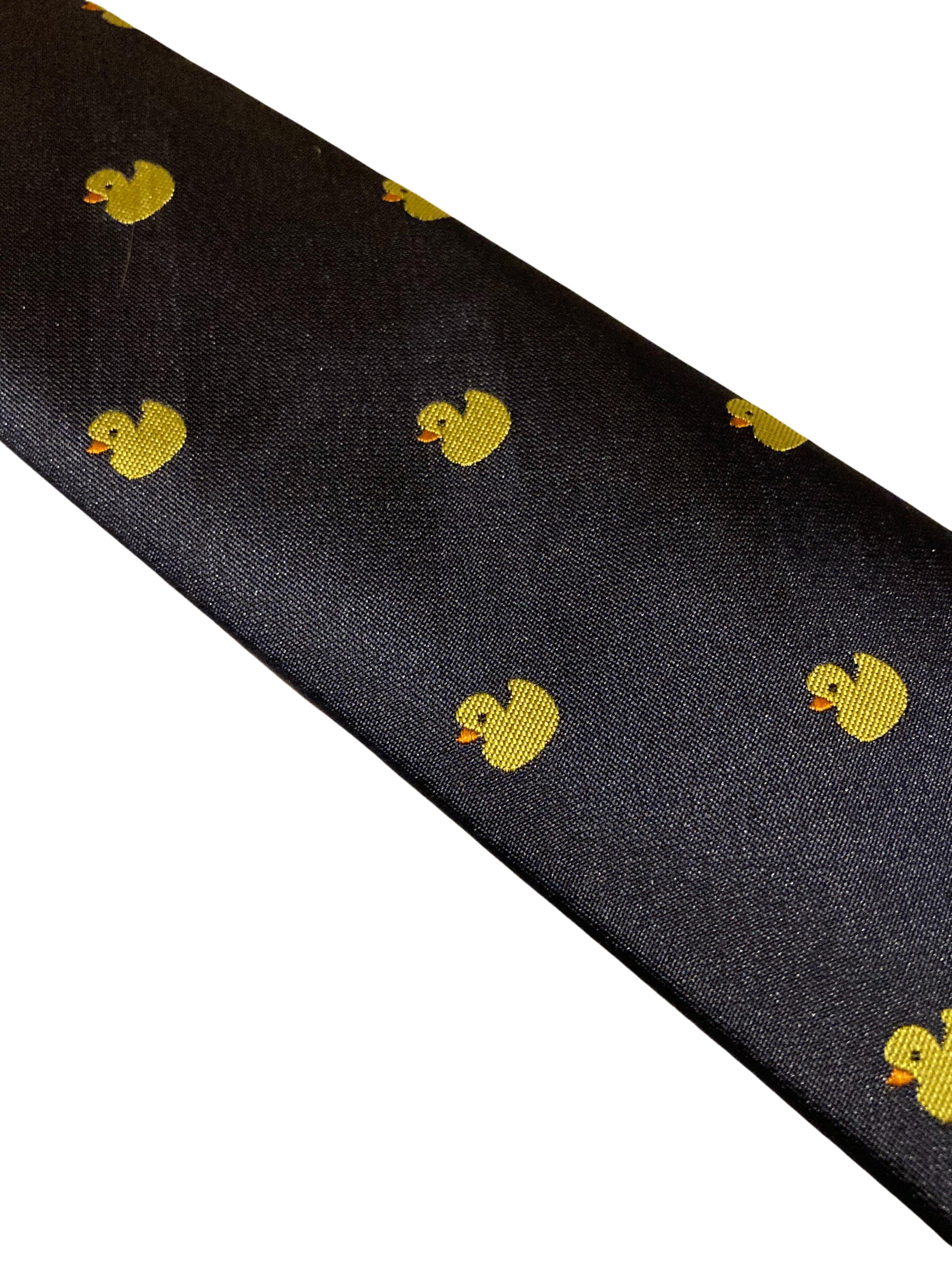 navy tie with embroidered yellow rubber duck design - Image 2