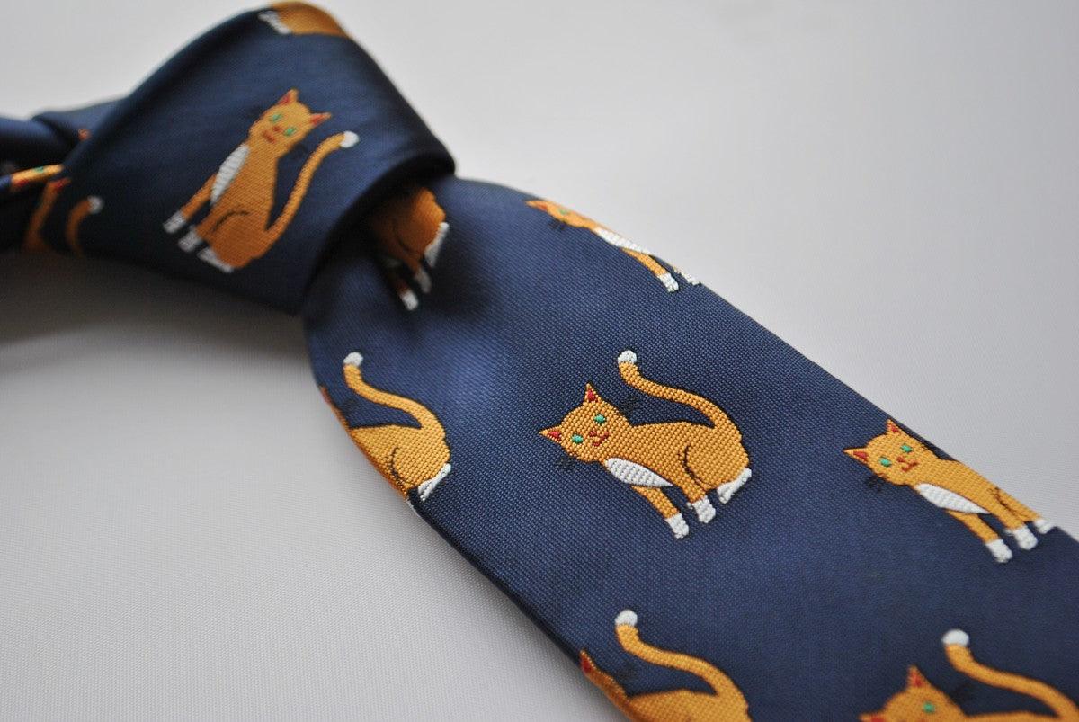 navy tie with ginger cat embroidered design - Image 2