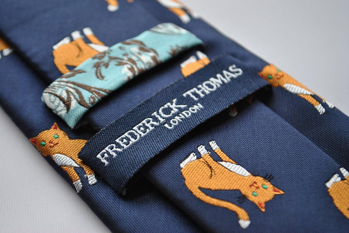 navy tie with ginger cat embroidered design - Image 3