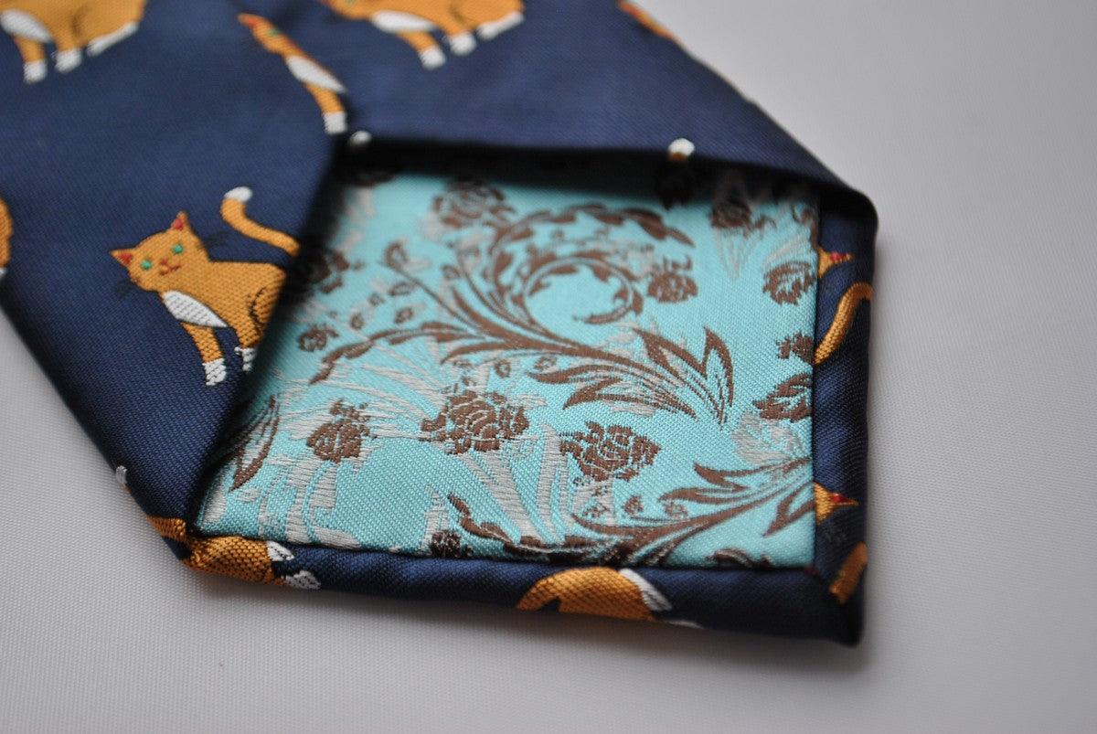 navy tie with ginger cat embroidered design - Image 4