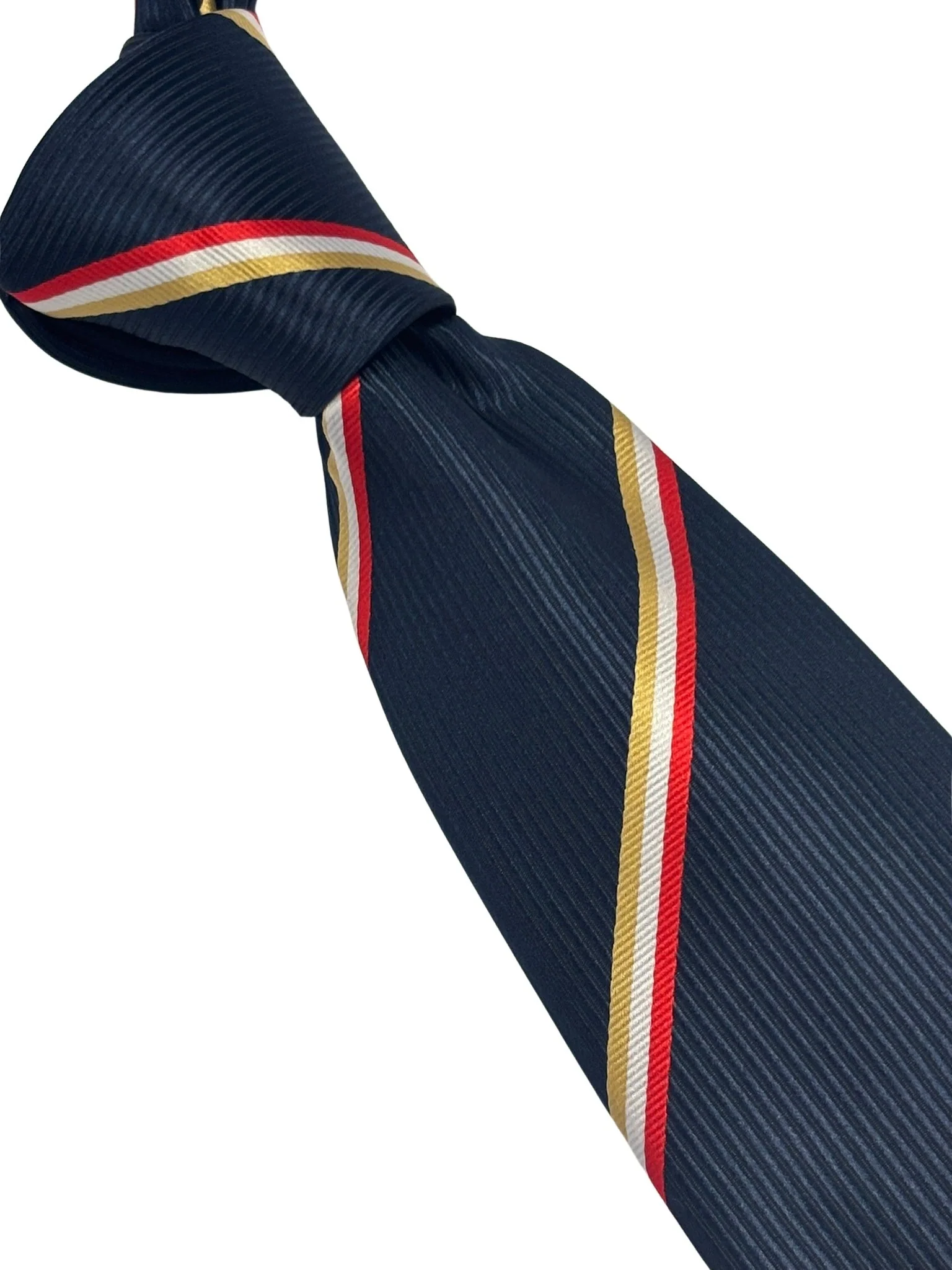 navy tie with gold yellow, white and  red stripe - Image 5