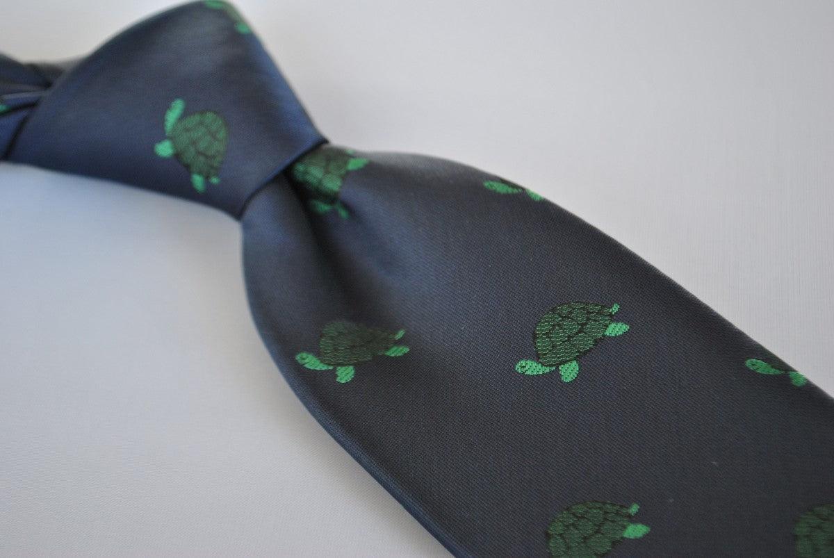 navy tie with green turtle design - Image 3