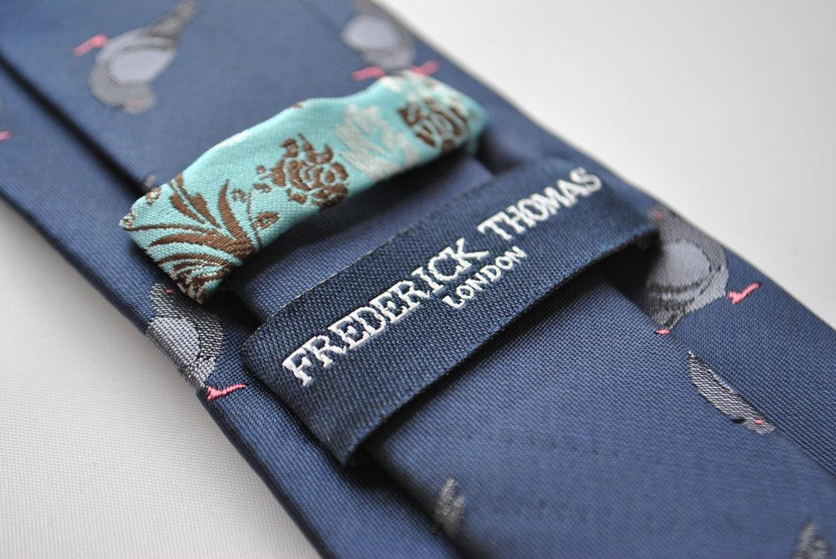 navy tie with grey pigeon embroidered design - Image 2