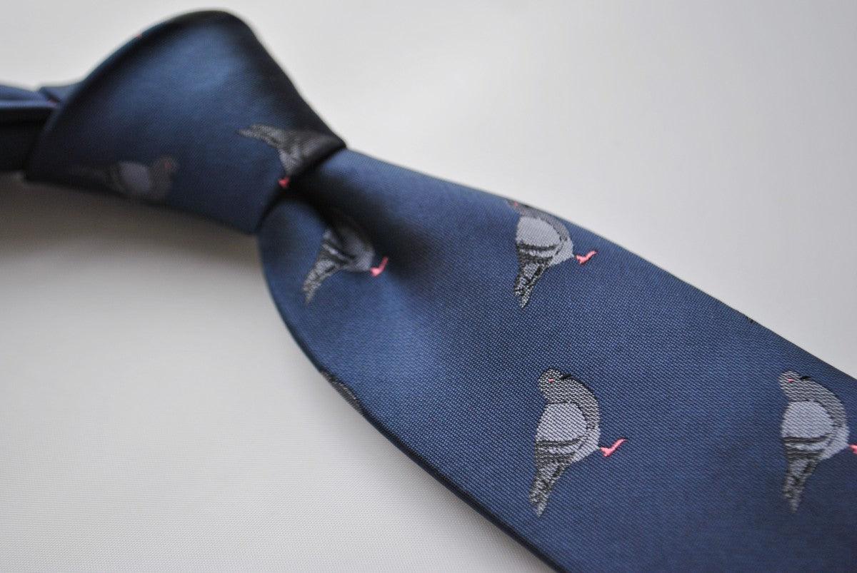 navy tie with grey pigeon embroidered design - Image 4