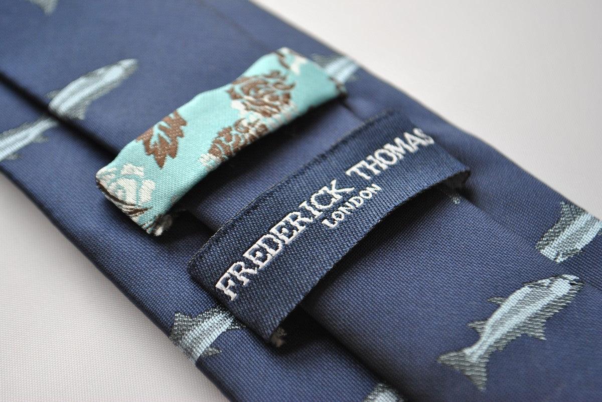 navy tie with grey trout embroidered design - Image 2
