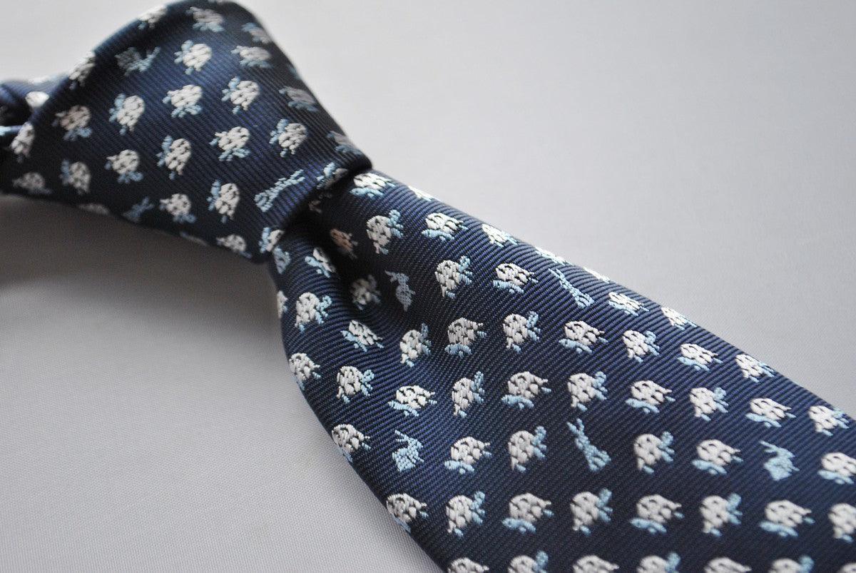 navy tie with hare and tortoise embroidered design - Image 2
