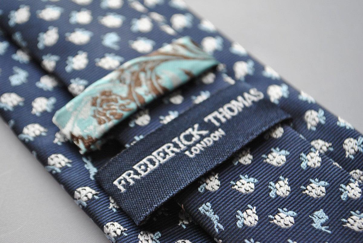 navy tie with hare and tortoise embroidered design - Image 3
