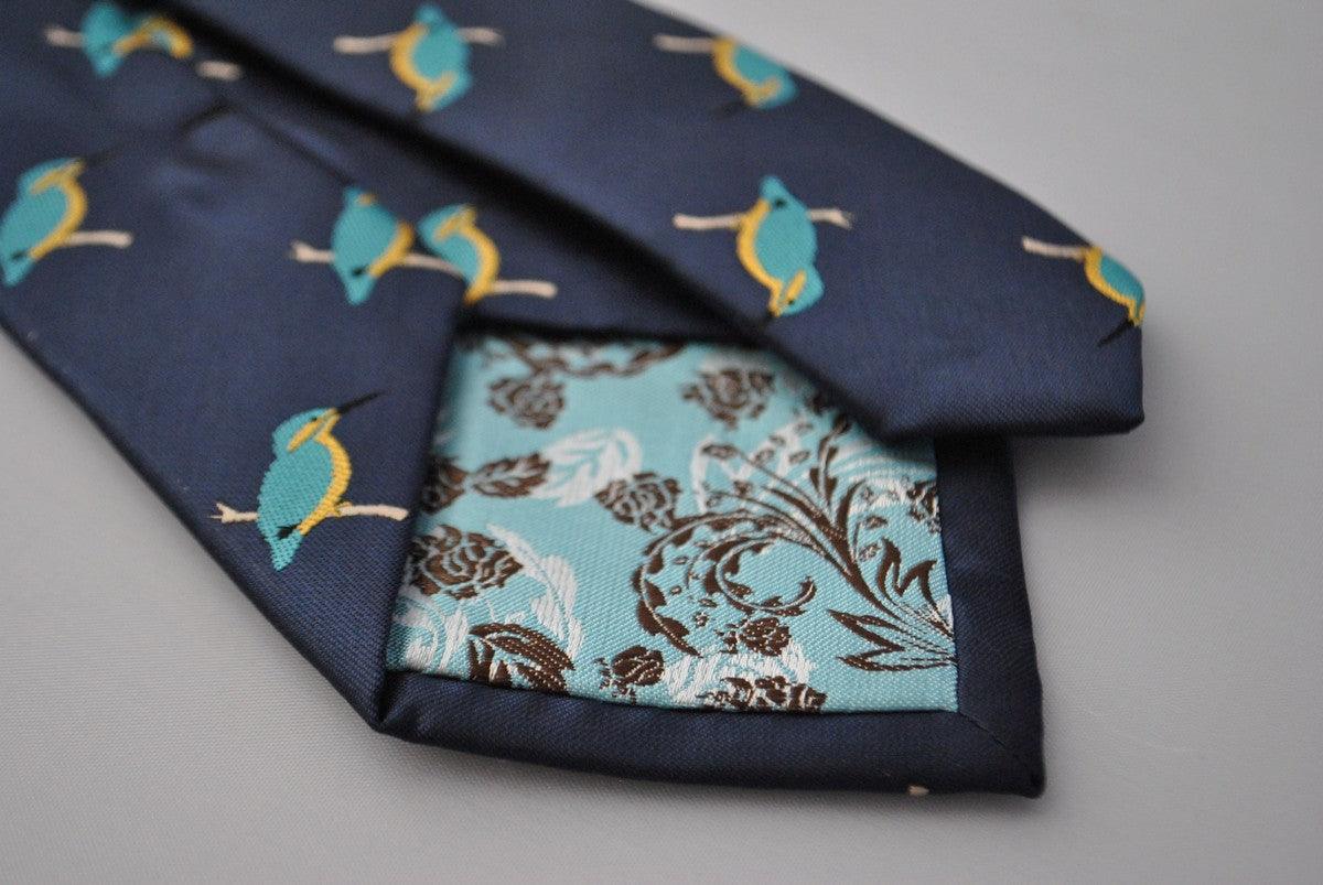 navy tie with kingfisher design - Image 3
