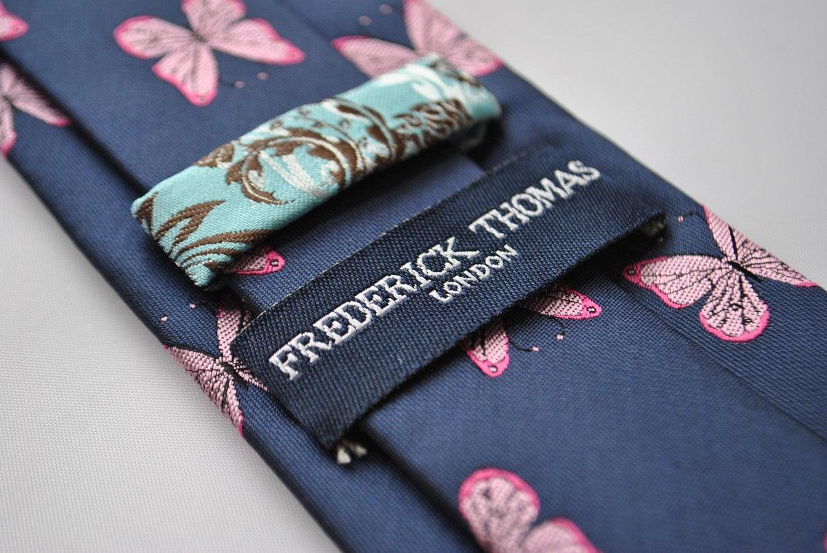navy tie with pink butterfly embroidered design - Image 2