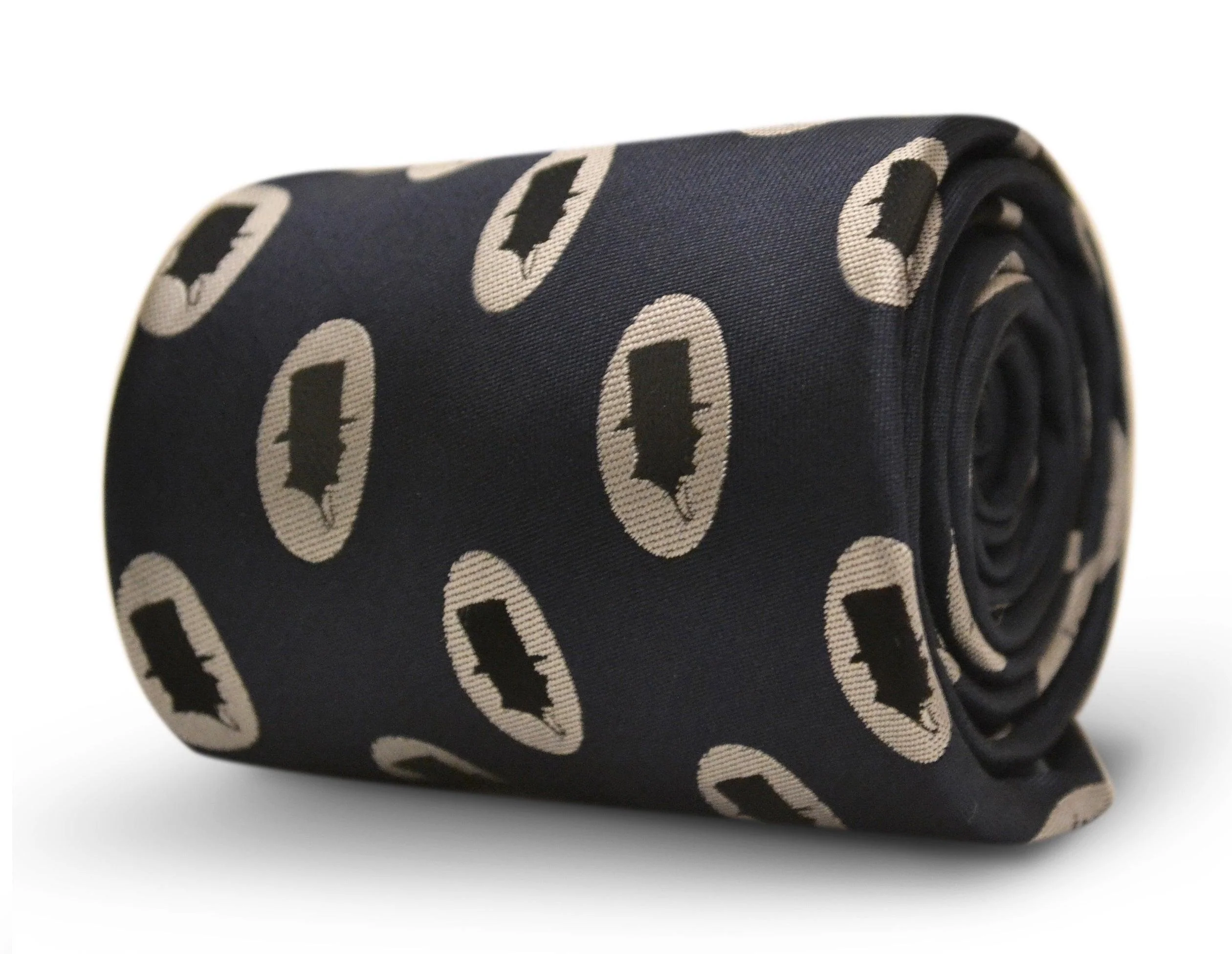 navy tie with quintessentially British top hat silhouette design