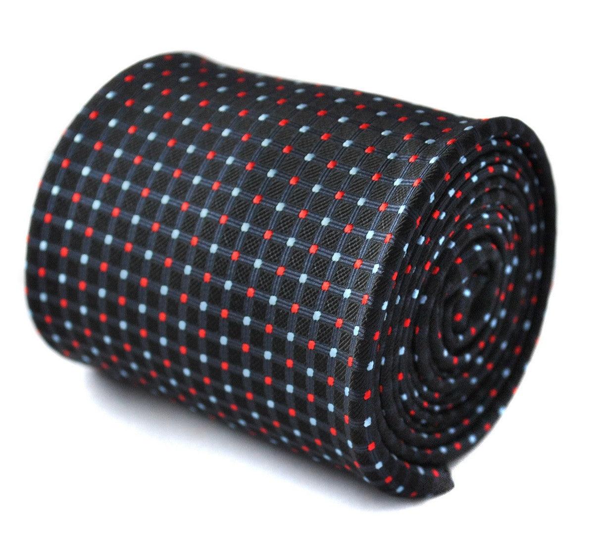 navy tie with red and light blue pin spots
