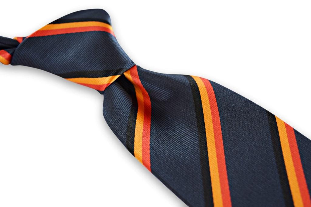 navy tie with red, black and orange stripe design - Image 2