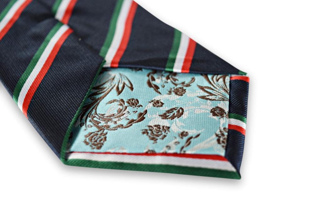 navy tie with red, green and white stripe design - Image 3