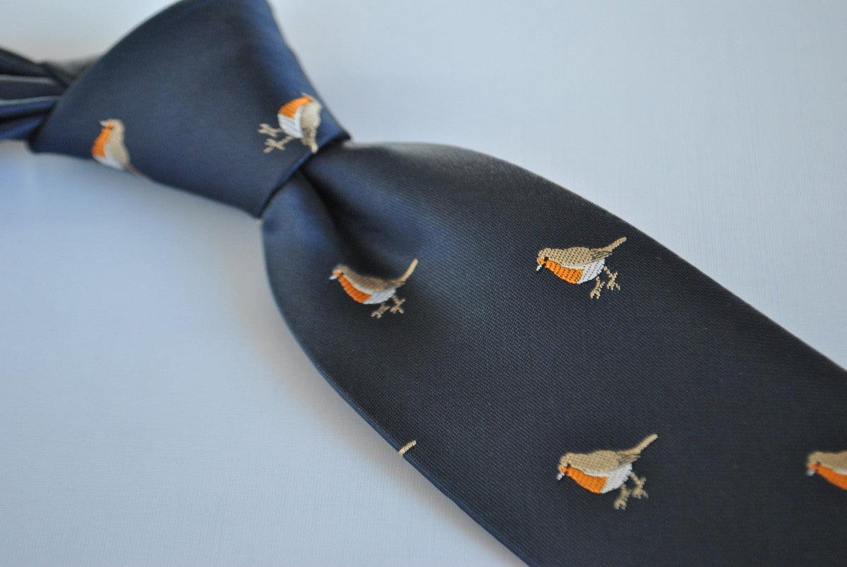 navy tie with embroidered robin design - Image 3