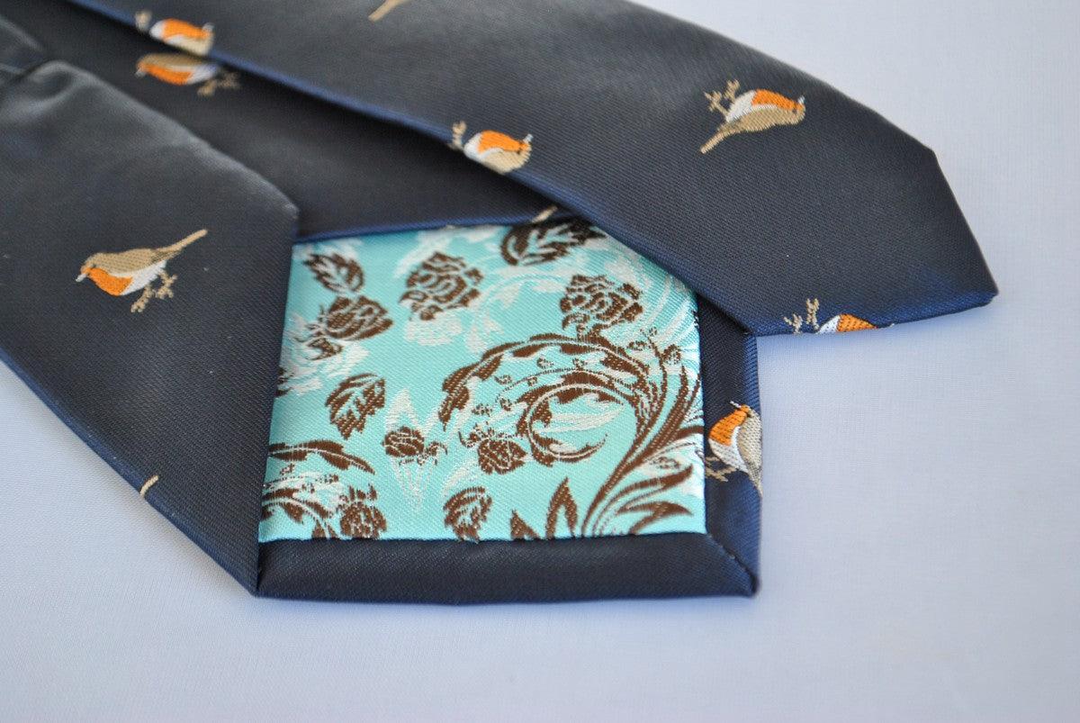 navy tie with embroidered robin design - Image 4