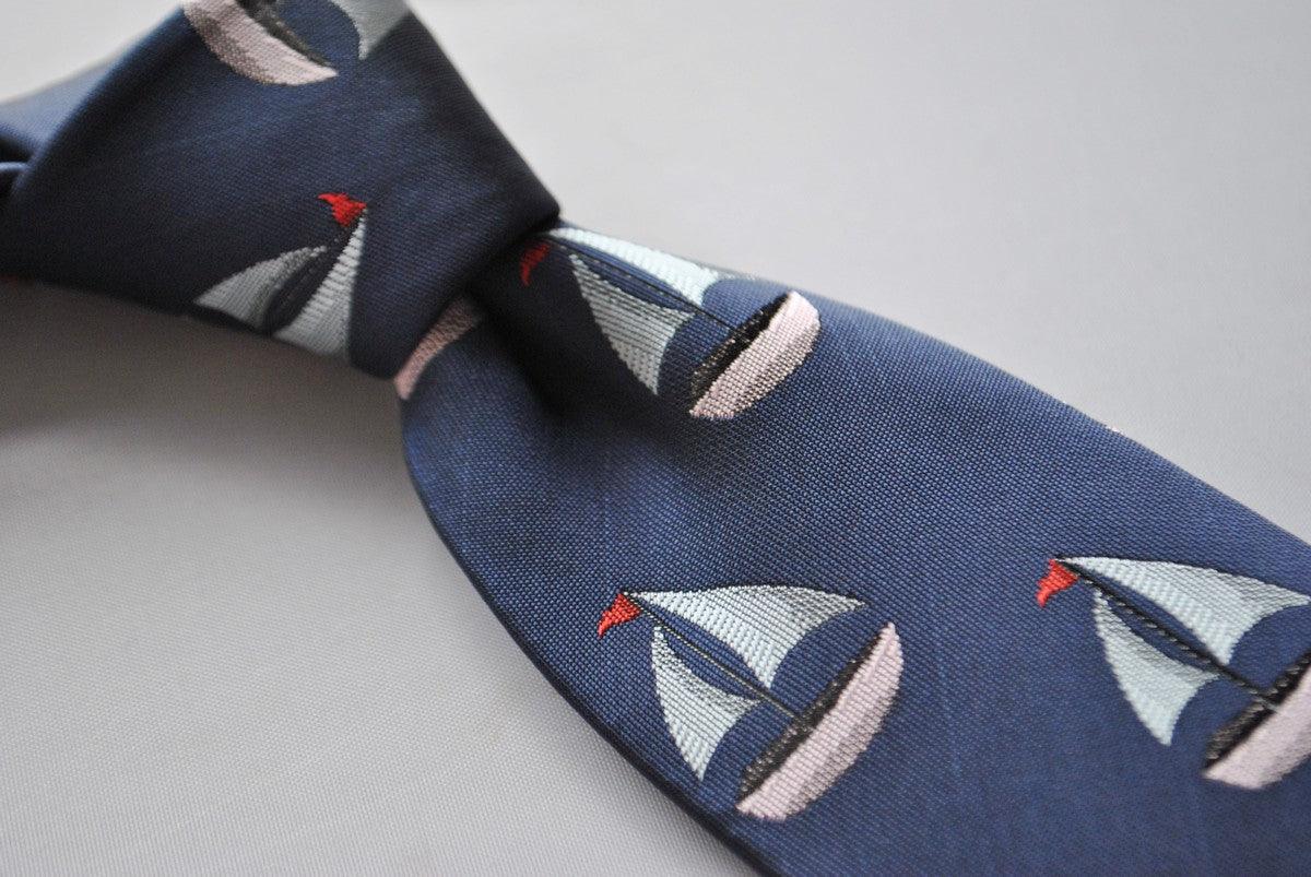 navy tie with sailing boat embroidered design - Image 3