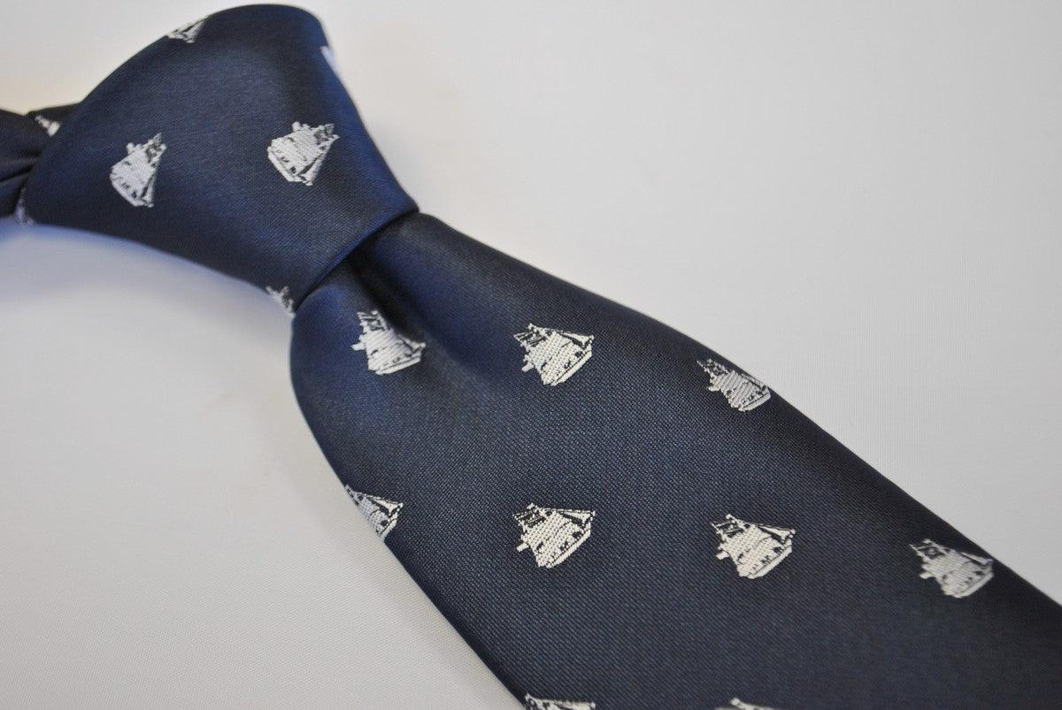 navy tie with sailing ship design - Image 2