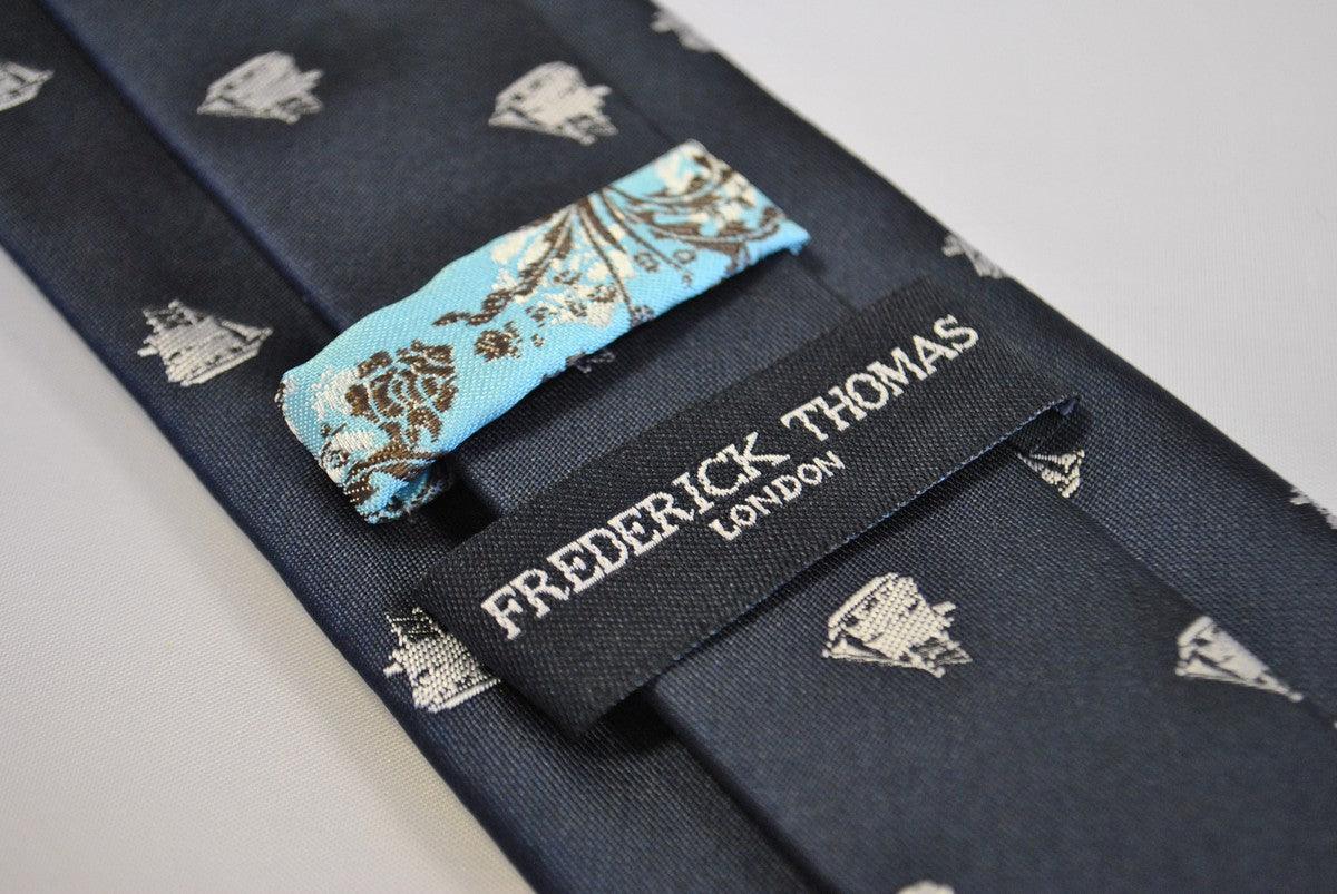 navy tie with sailing ship design - Image 3