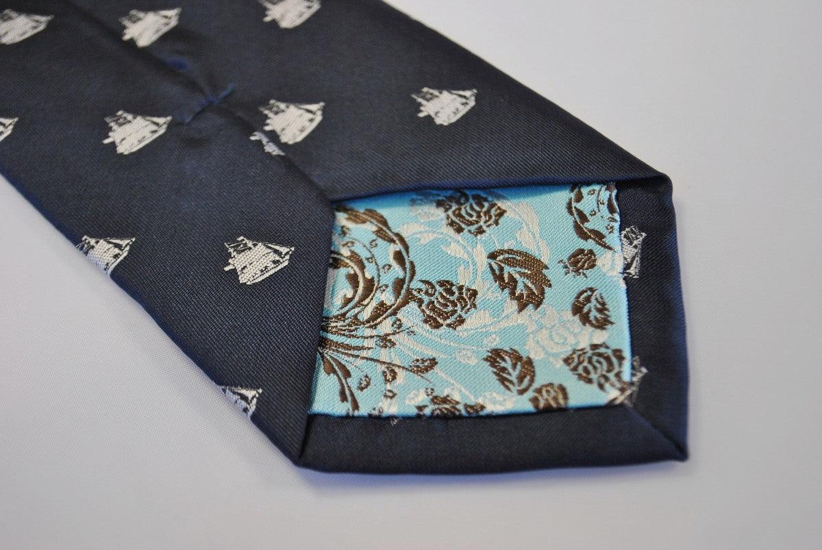 navy tie with sailing ship design - Image 4
